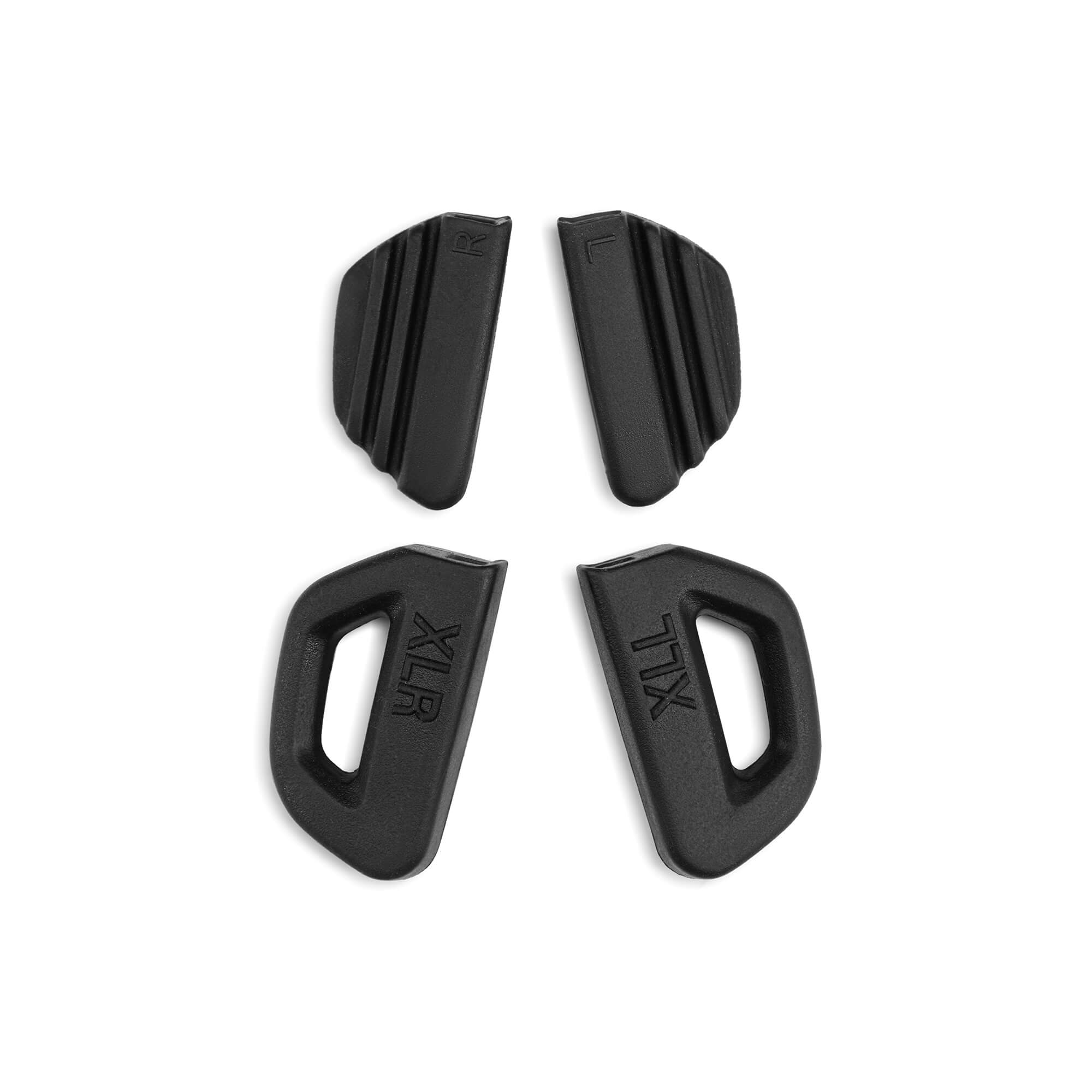 Four black nose pads by BRIOTI: two ridged with 'R', 'L' marks; two smooth with 'XLR', 'XLL' and D-cutouts.