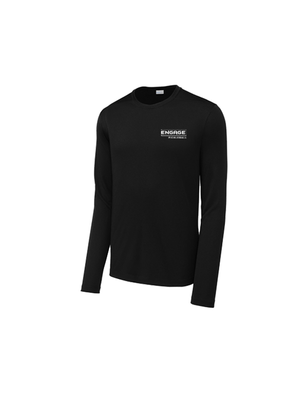 Black men's long sleeve crew shirt by EngagePickleball with a white chest logo.
