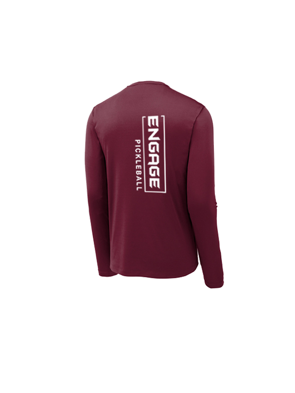 Maroon men's long sleeve crew shirt by EngagePickleball, featuring a vertical 'ENGAGE PICKLEBALL' logo on the back.