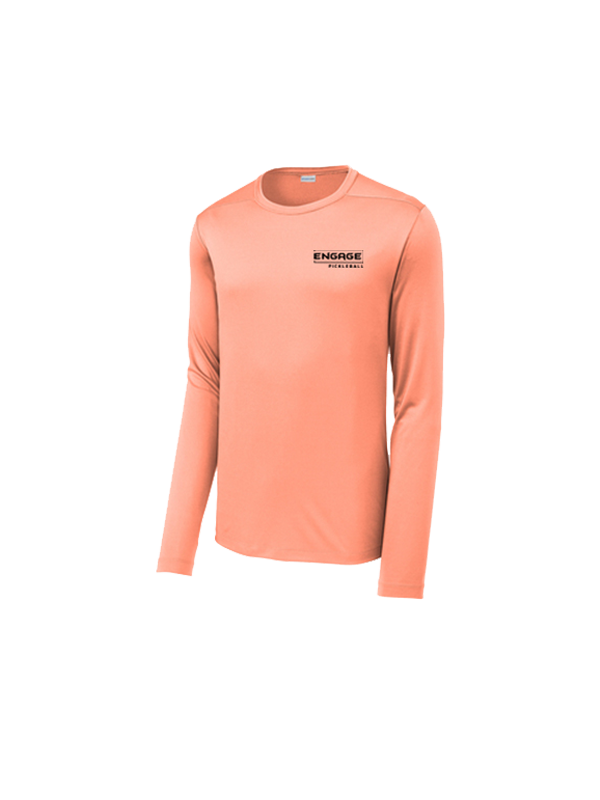 Men's peach performance long sleeve crew shirt by EngagePickleball with a black chest logo and raglan sleeves.