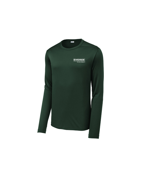 Dark green men's long-sleeve performance crew neck shirt by EngagePickleball with a white logo on the left chest.