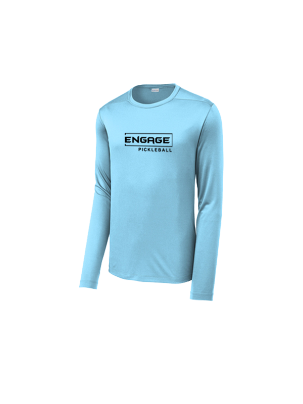 Light blue men's long sleeve crew neck shirt by EngagePickleball, featuring a black boxed 'ENGAGE PICKLEBALL' logo on the chest, viewed from the front.