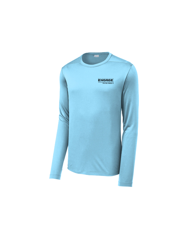Light blue men's long sleeve crew shirt by EngagePickleball with a black "ENGAGE PICKLEBALL" logo on the chest.