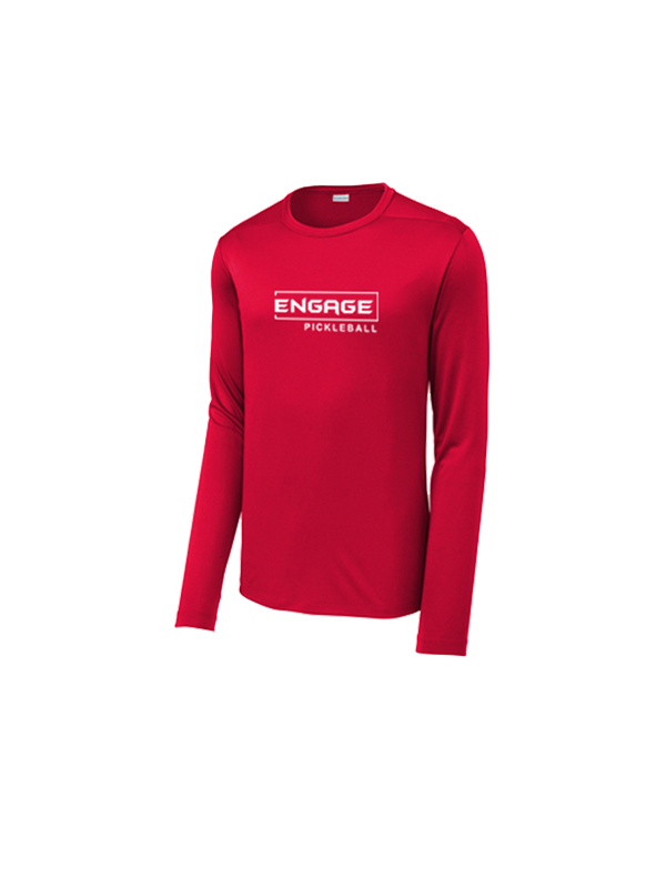Red men's long sleeve crew shirt by EngagePickleball, featuring a white 'ENGAGE PICKLEBALL' logo on the chest.