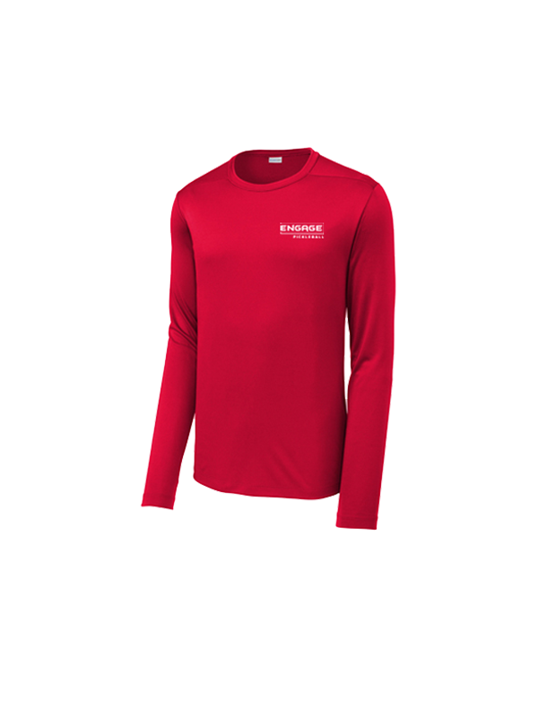 Men's red long-sleeve UV crew neck shirt by EngagePickleball with a white logo on the left chest, angled view.