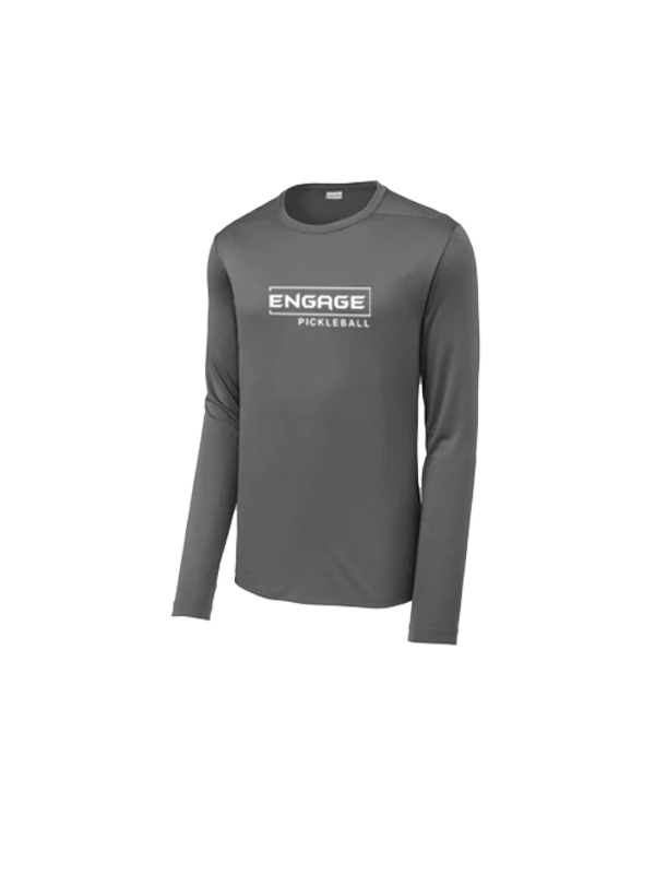 Men's grey long sleeve crew neck shirt by EngagePickleball with a white 'ENGAGE' in a box and 'PICKLEBALL' logo on the chest.