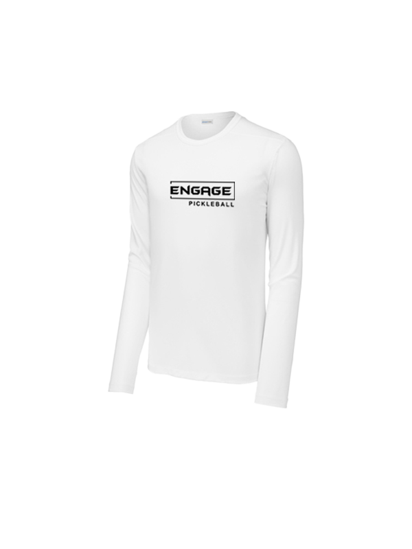 White men's Victory UV long sleeve crew by EngagePickleball, with a black 'ENGAGE' logo framed by a box and 'PICKLEBALL' text below on the chest, shown at an angle.