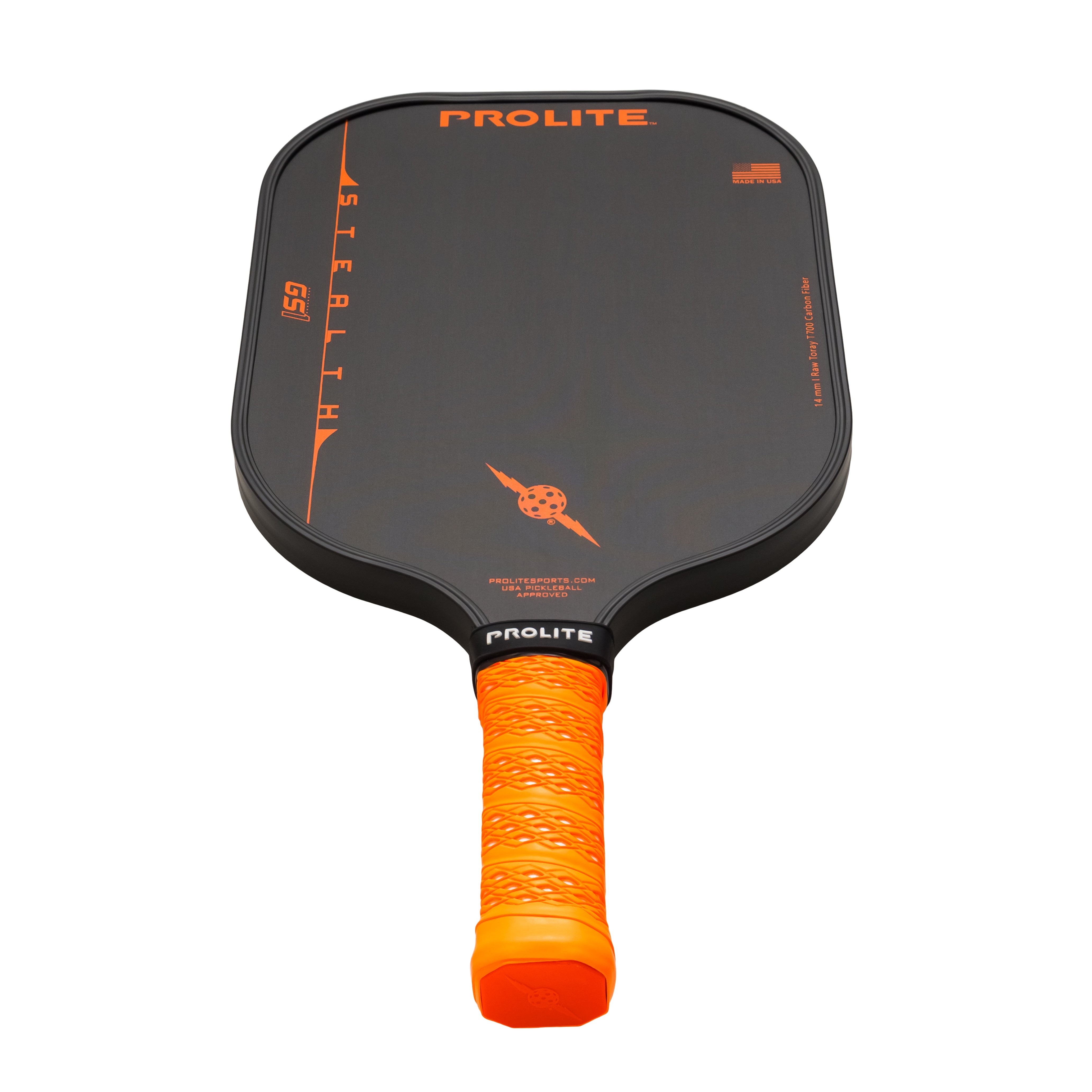 Black and orange Prolite Stealth GSI pickleball paddle.