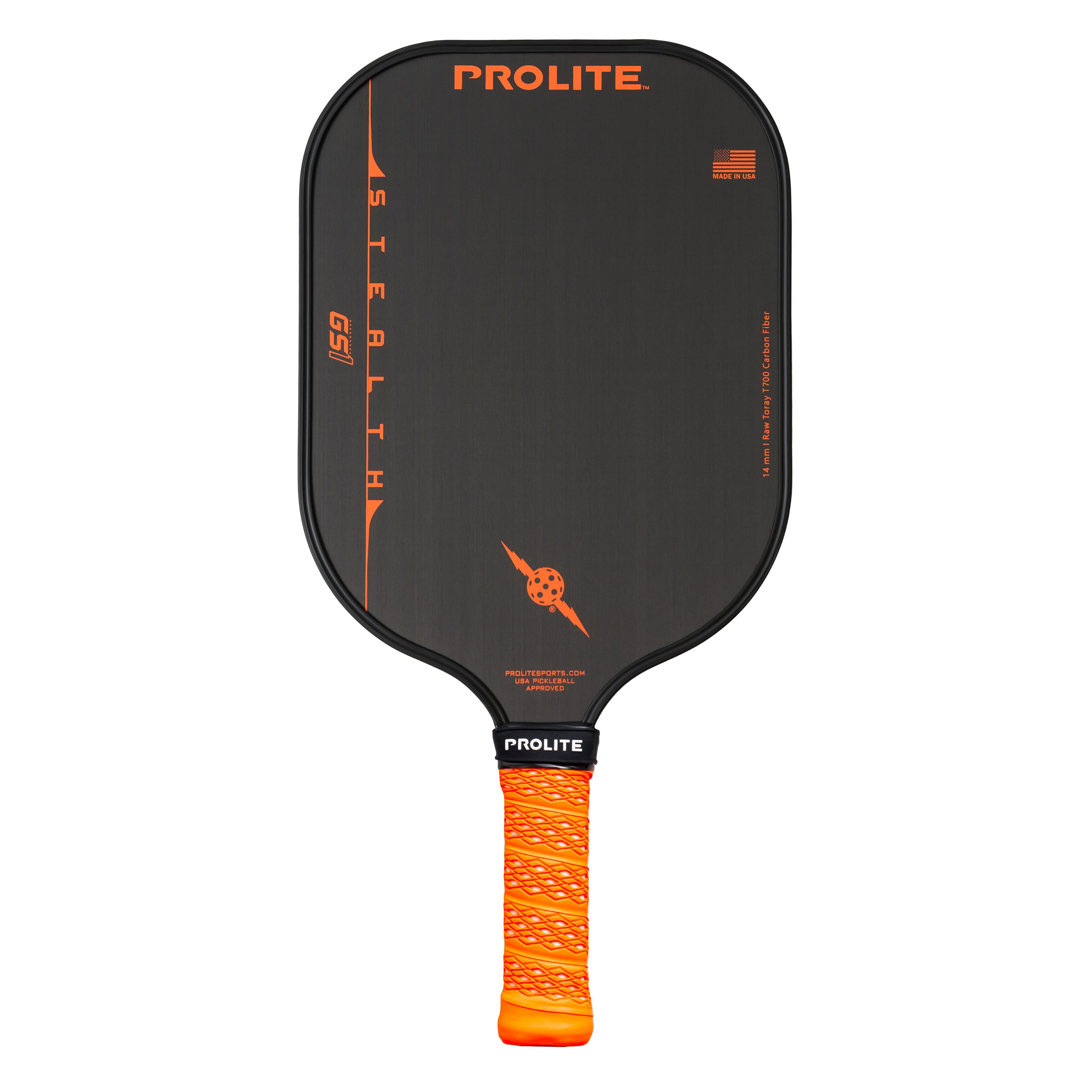 Black and orange pickleball paddle.