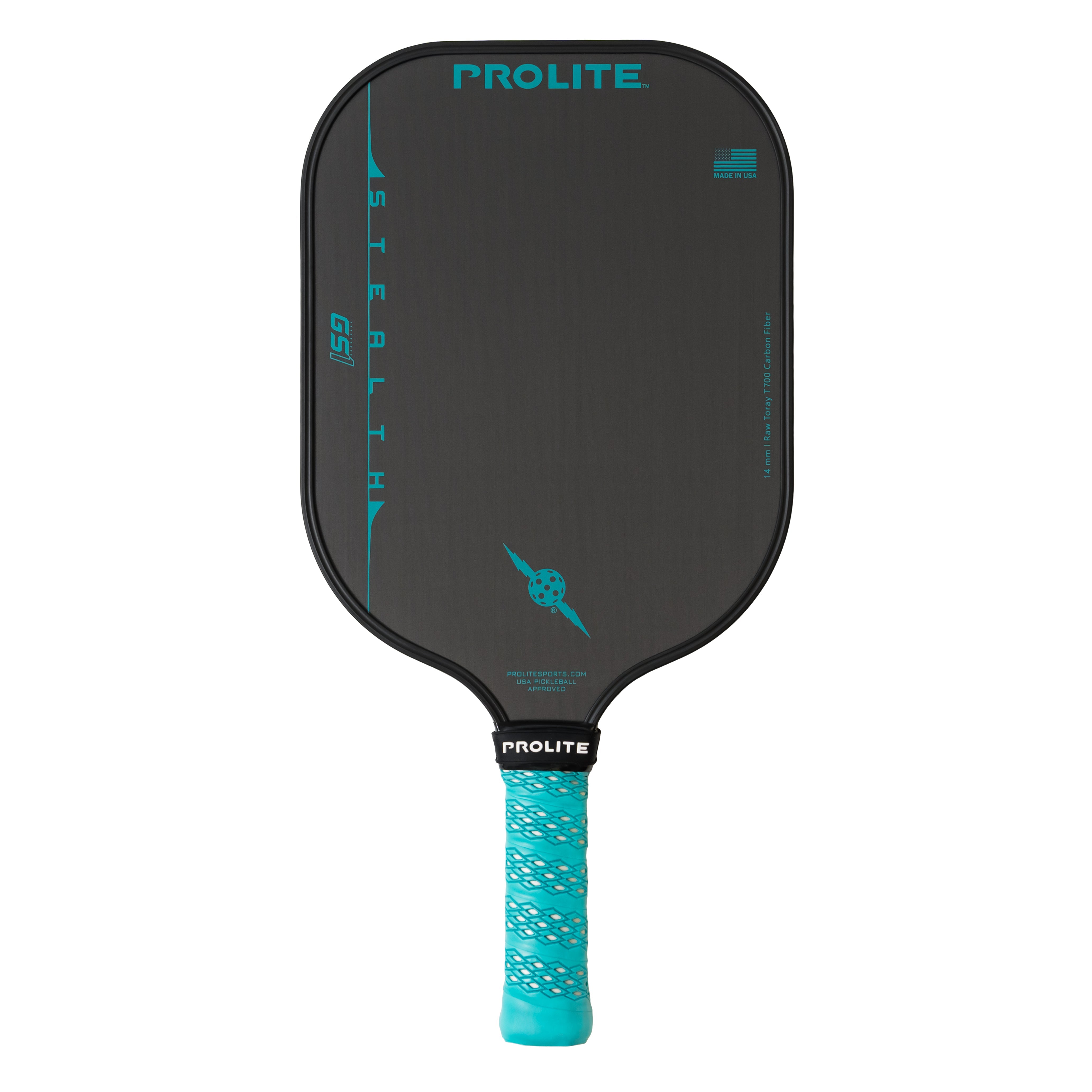 Black and turquoise pickleball paddle with a patterned grip.