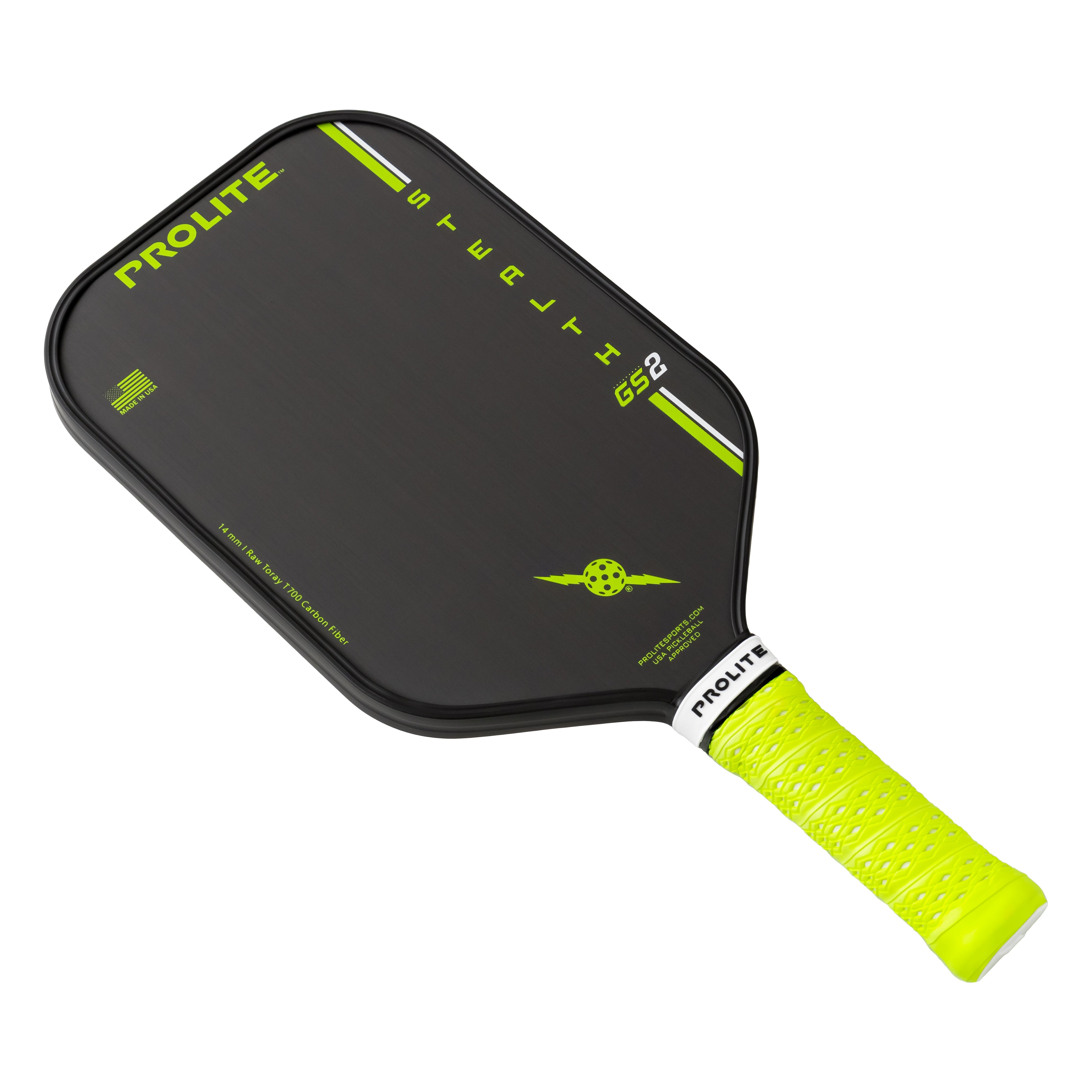 Black pickleball paddle with a bright yellow handle and green accents.