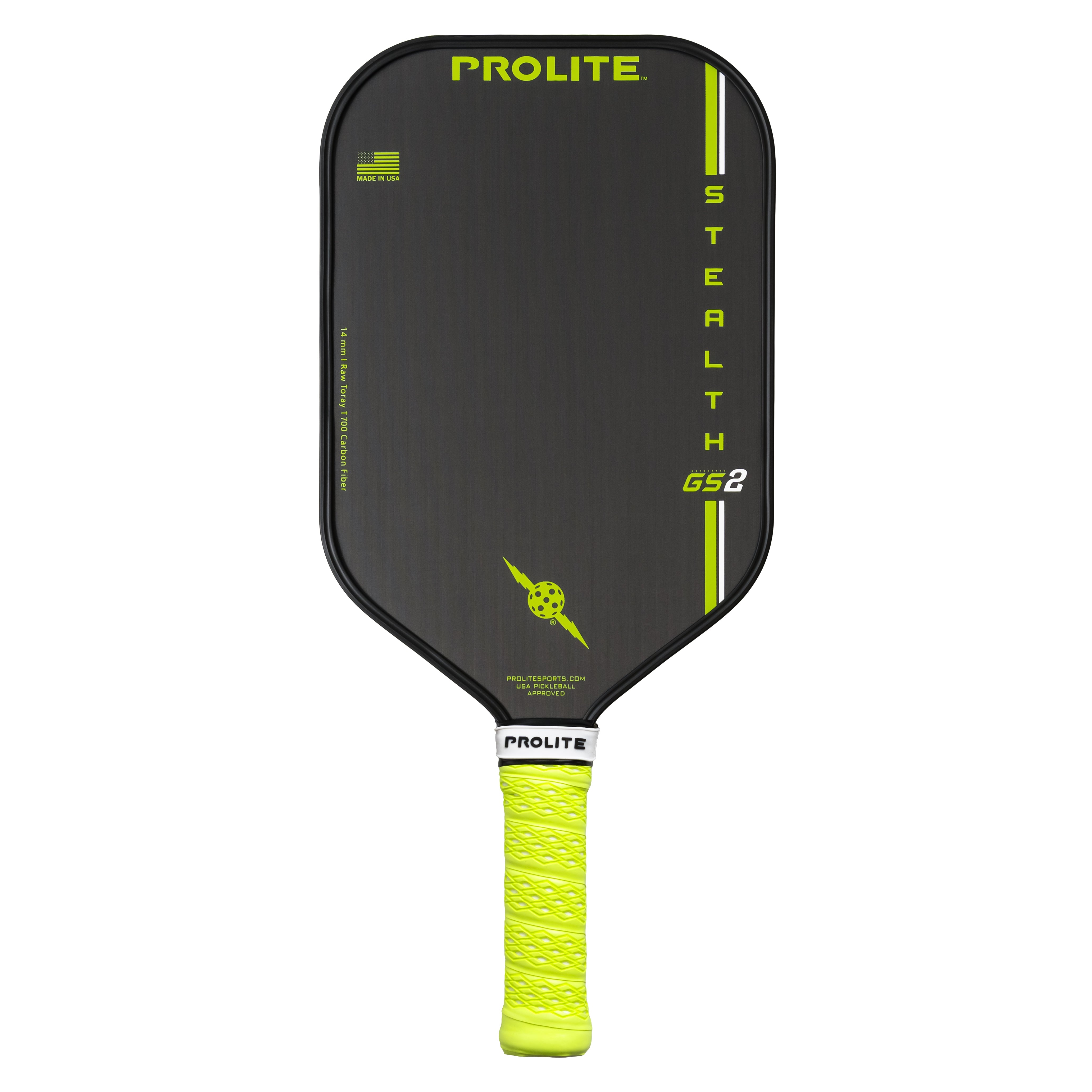 Pickleball paddle with neon green grip.