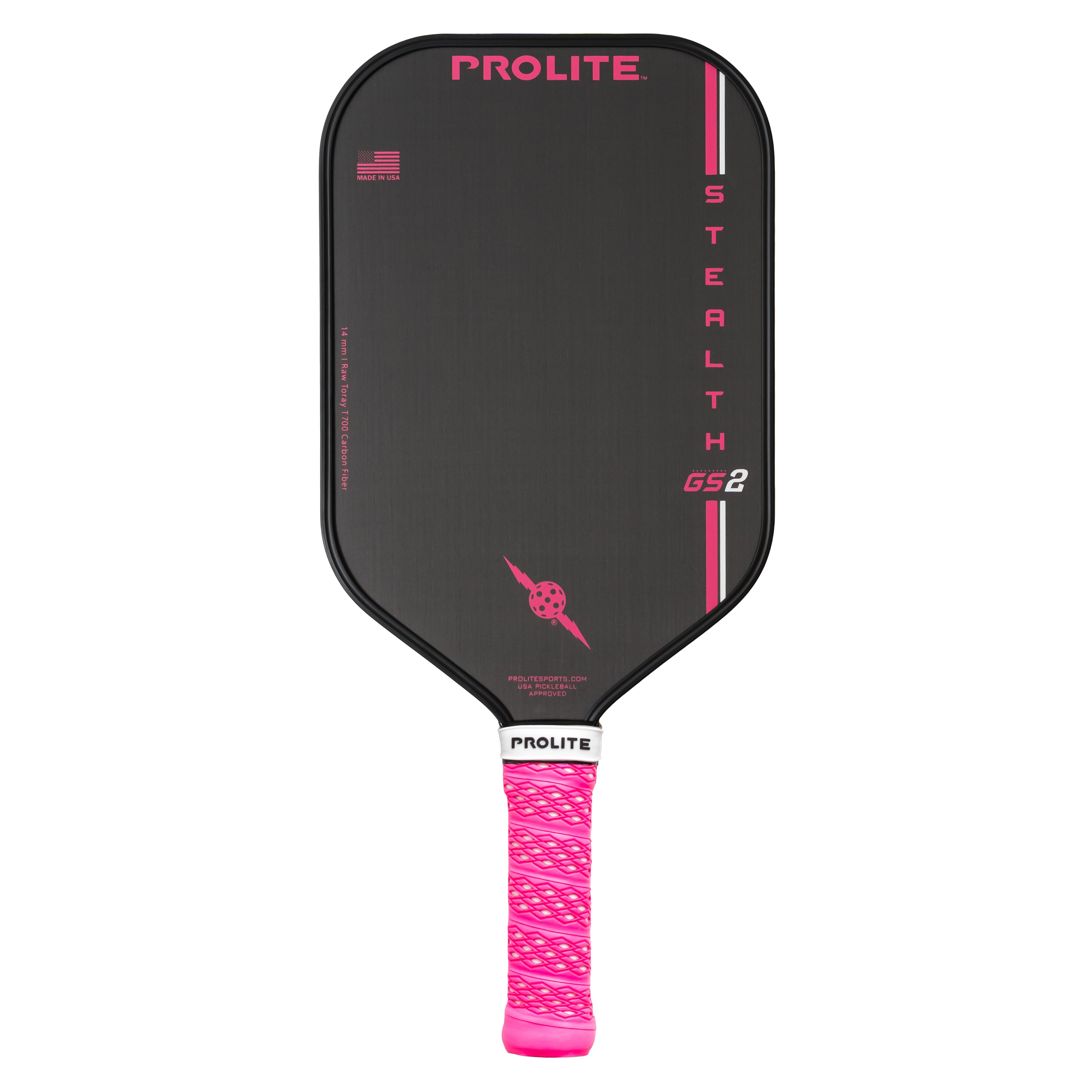 A black and pink Prolite Stealth GS2 pickleball paddle.
