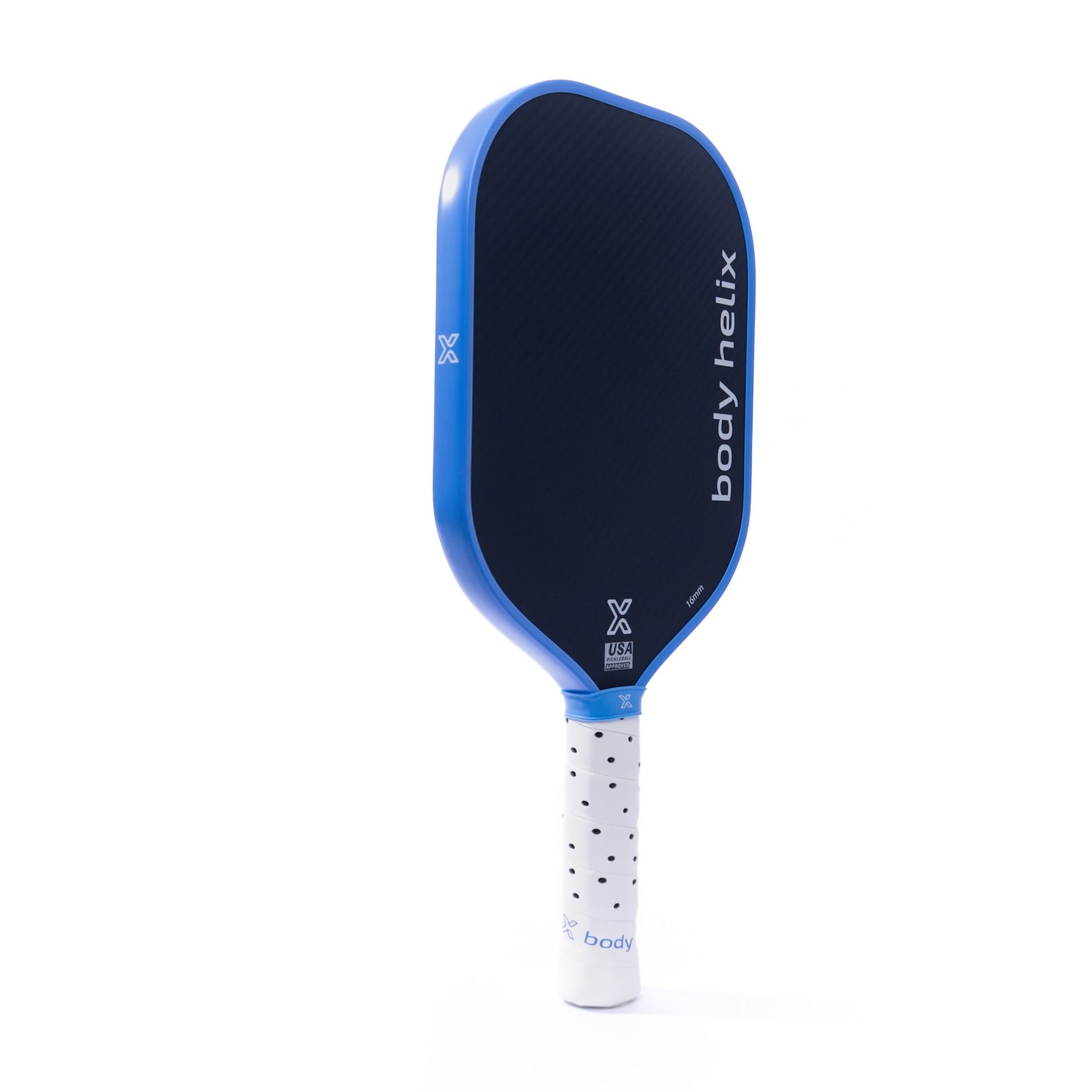 Blue and white pickleball paddle.