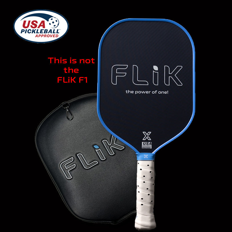 A pickleball paddle and its case, both branded "FLIK," on a black background.