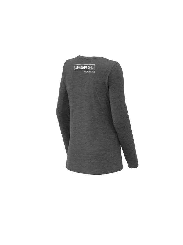 Dark grey heathered women's long sleeve crew by EngagePickleball, showing a white 'ENGAGE PICKLEBALL' logo on the upper back, rear view.