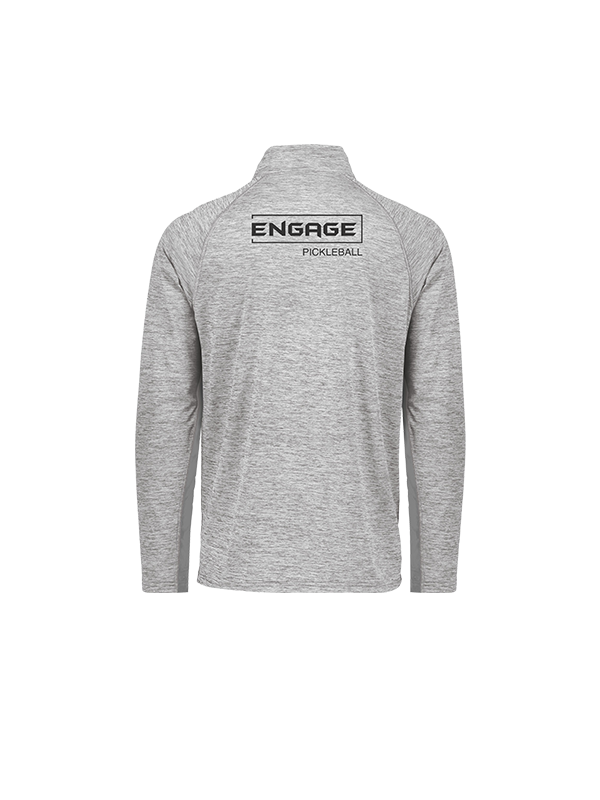 Light gray heathered men's 1/2 zip pullover by EngagePickleball, with an 'ENGAGE PICKLEBALL' logo on the back.