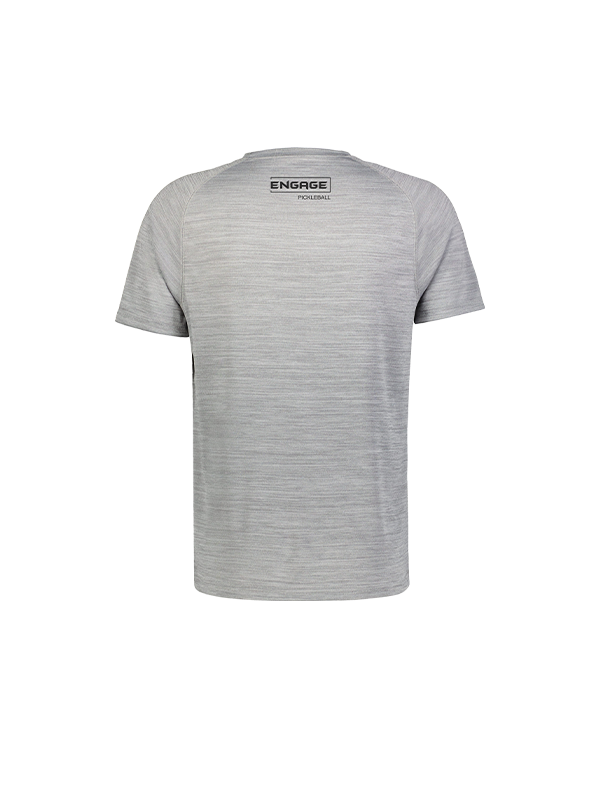 Heather grey men's short-sleeved t-shirt by EngagePickleball, back view, with a black logo at the neck.