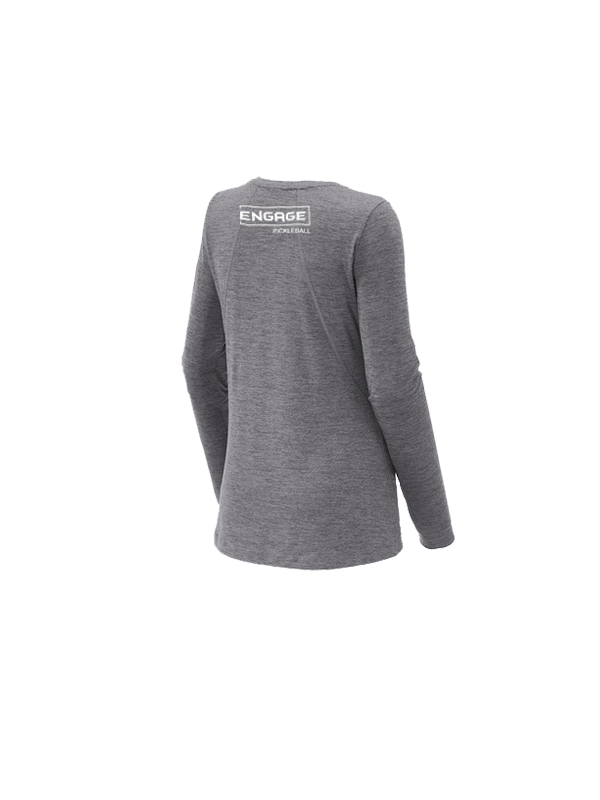 Gray heathered women's long sleeve crew shirt by EngagePickleball with a white logo on the upper back, rear view.