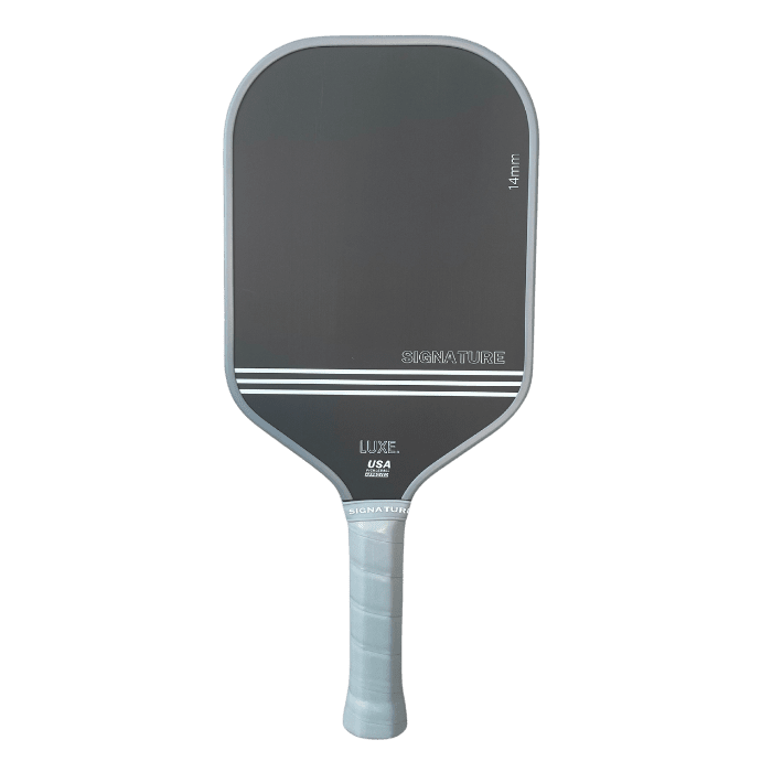 Gray and black pickleball paddle with a wrapped handle.