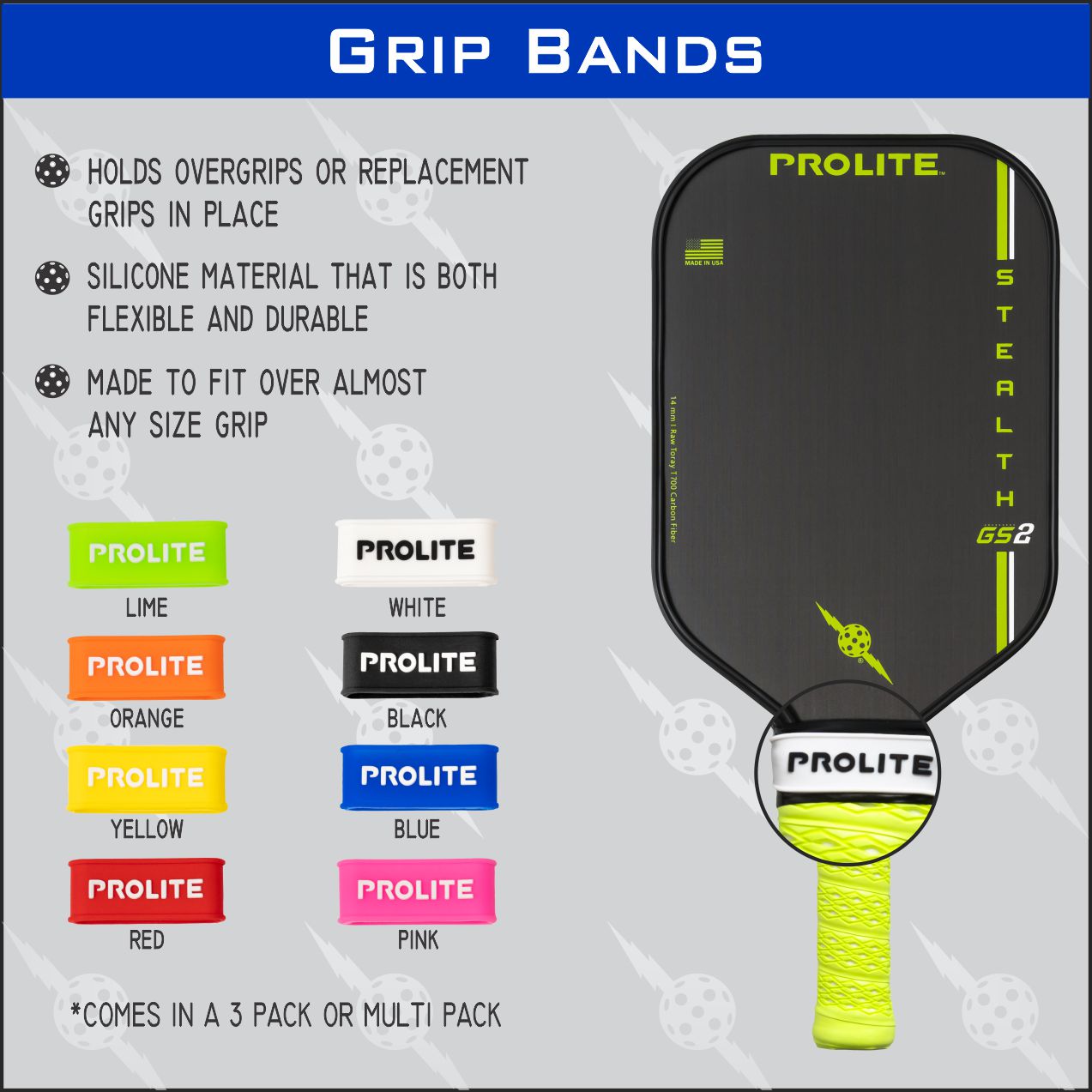 Product advertisement featuring Prolite grip bands for pickleball paddles in various colors.