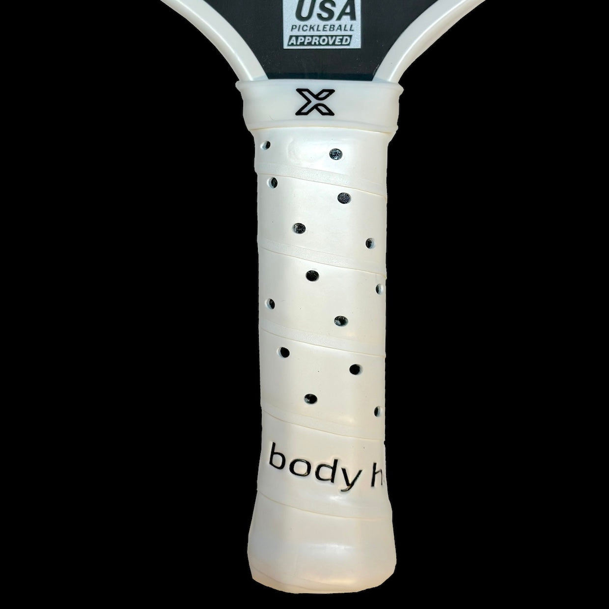 Close-up of a white pickleball paddle handle with black detailing.