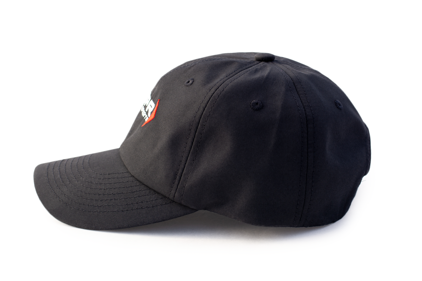 A black performance cap by TMPR Sports with a red and white logo and stitched brim, shown from the side.
