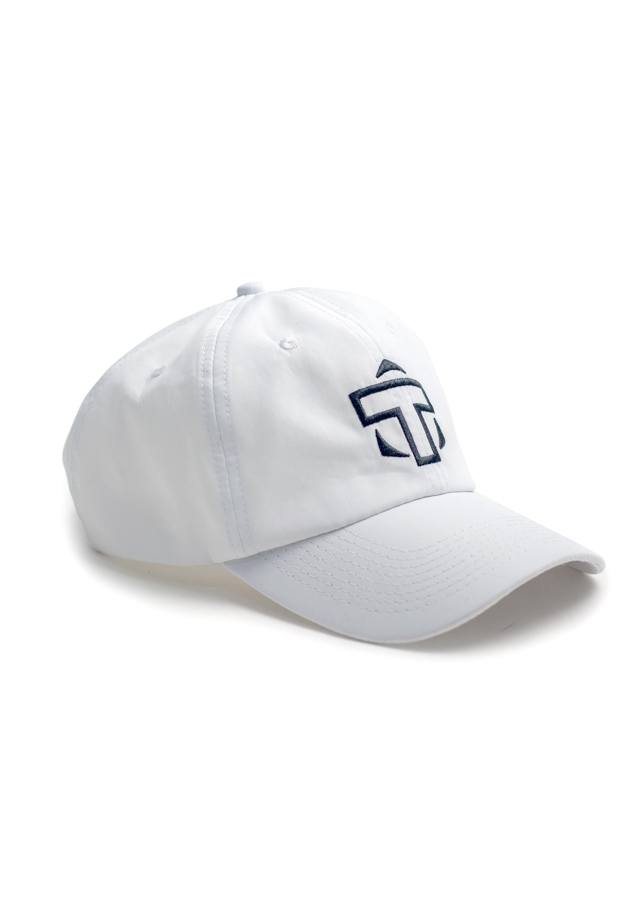 White performance cap by TMPR Sports with a dark blue embroidered "T" logo, shown from a side angle.