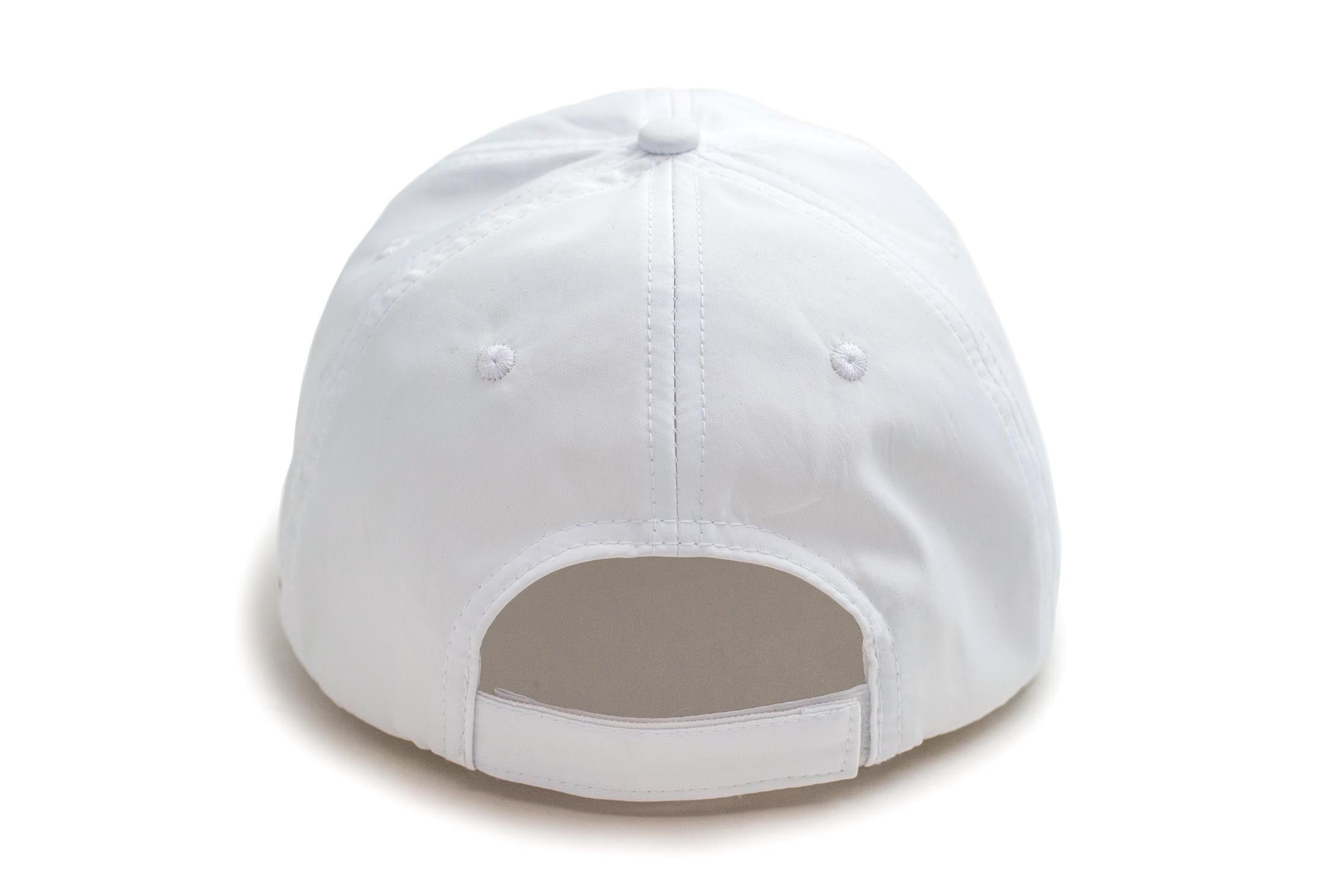 White performance cap by TMPR Sports, back view with adjustable strap and two embroidered eyelets.