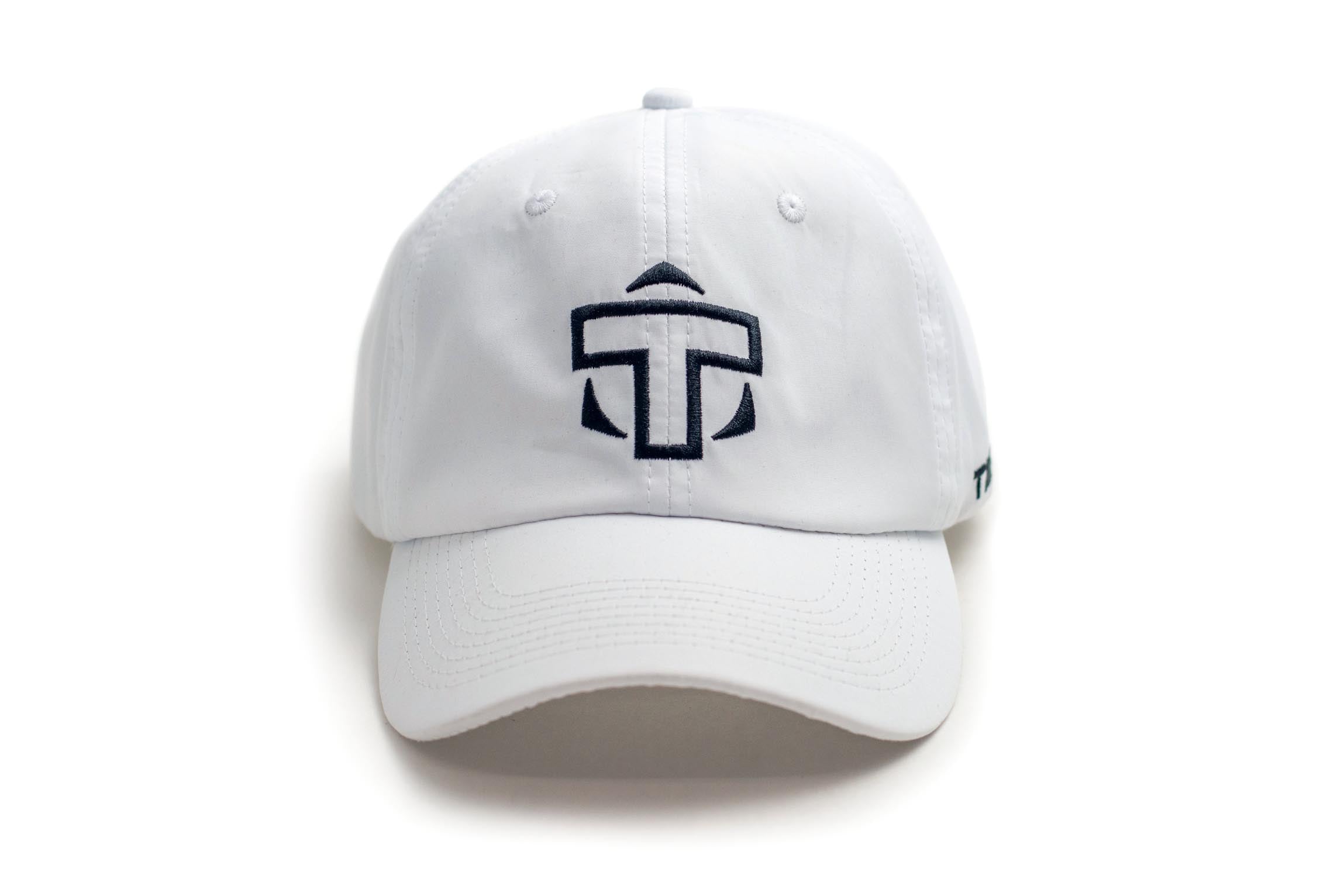 White performance cap by TMPR Sports featuring a dark "T" logo embroidered on the front.