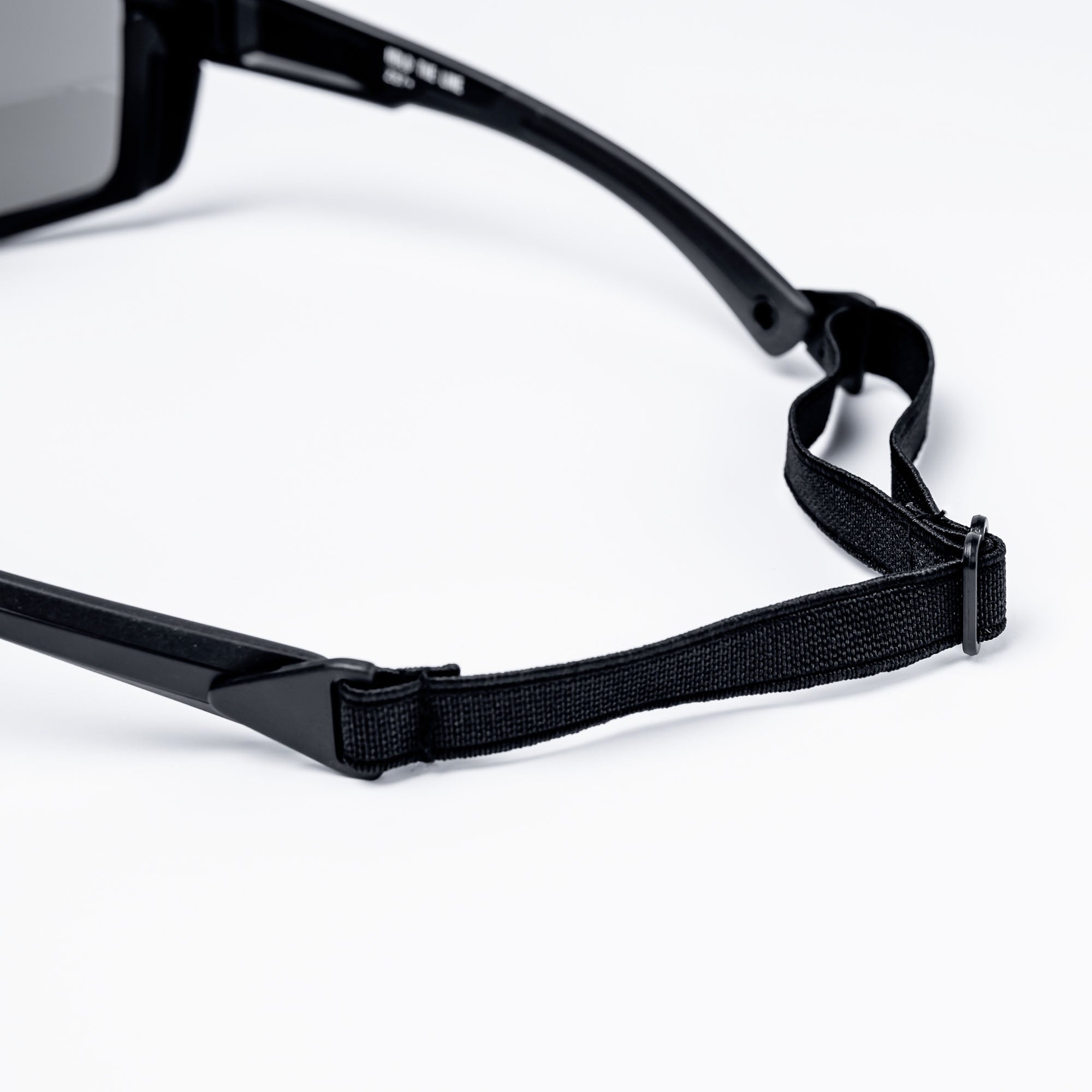 Black sunglasses with black lanyard.
