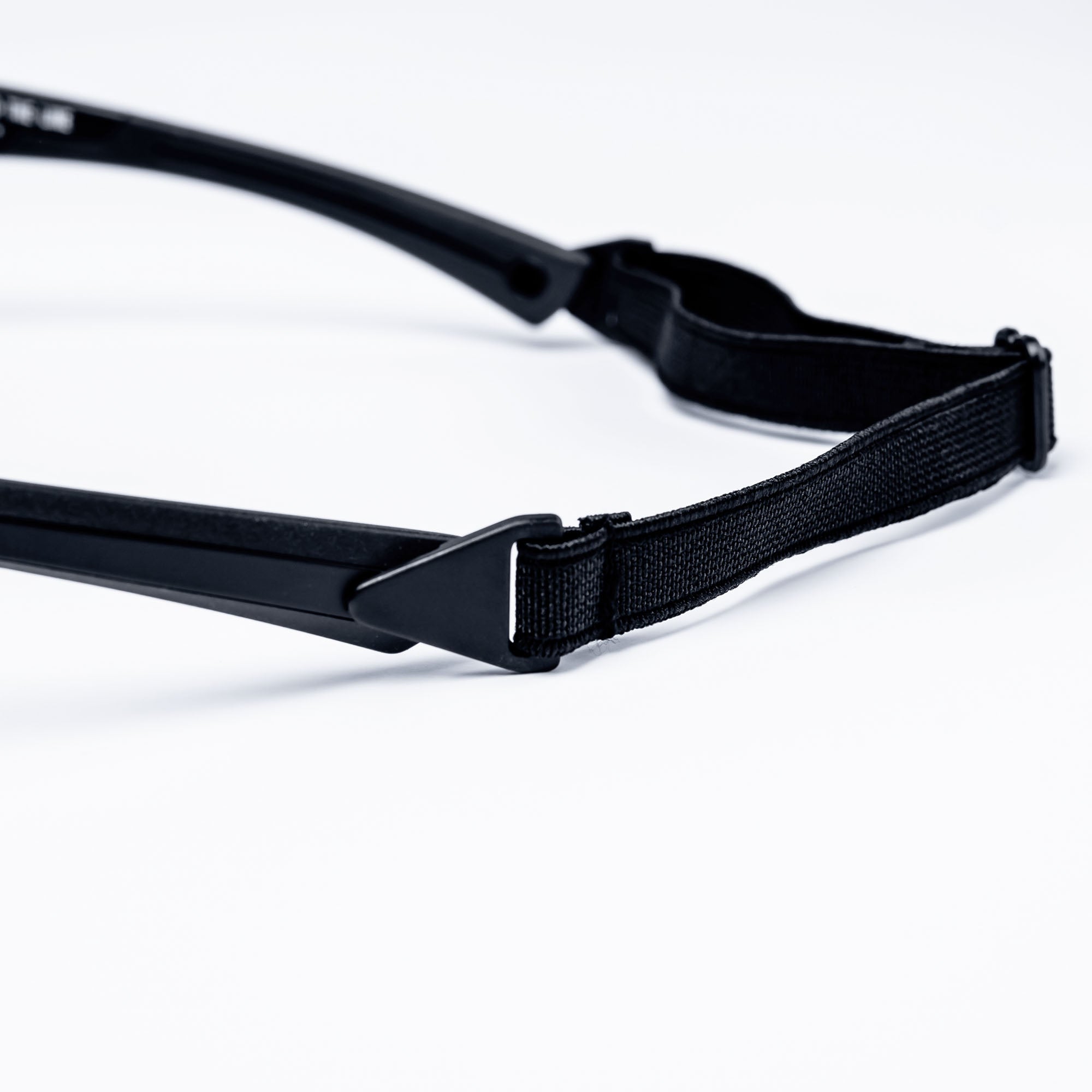 Close-up of black glasses and adjustable strap.
