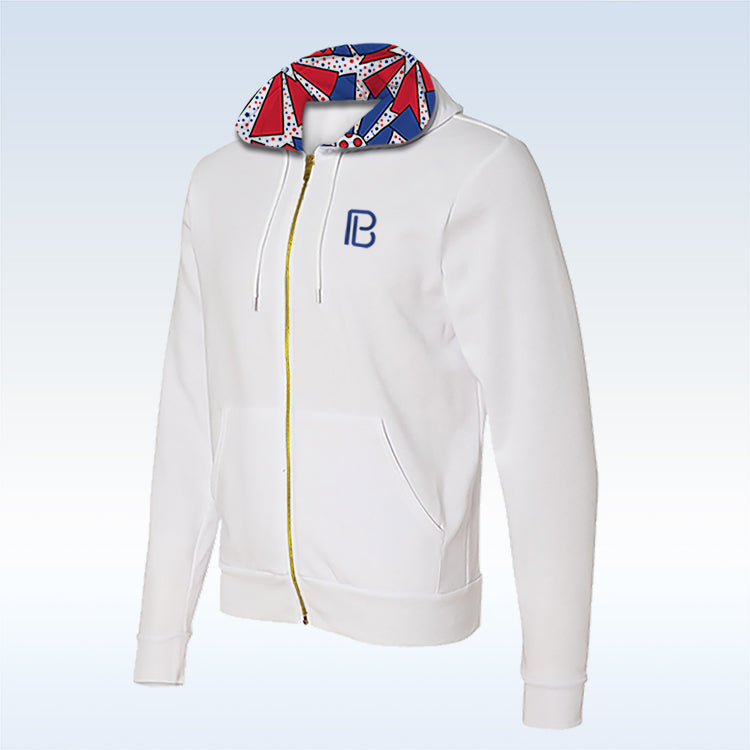 White full-zip hoodie by Pickleball Bella with a red, white, and blue geometric hood lining, a blue 'PB' logo, and a gold zipper.