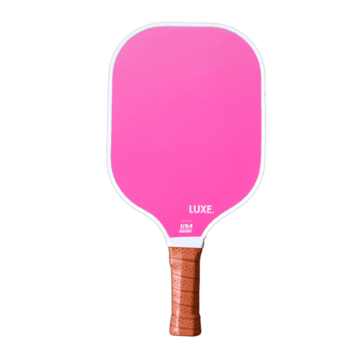 Pink pickleball paddle with white trim and brown handle.
