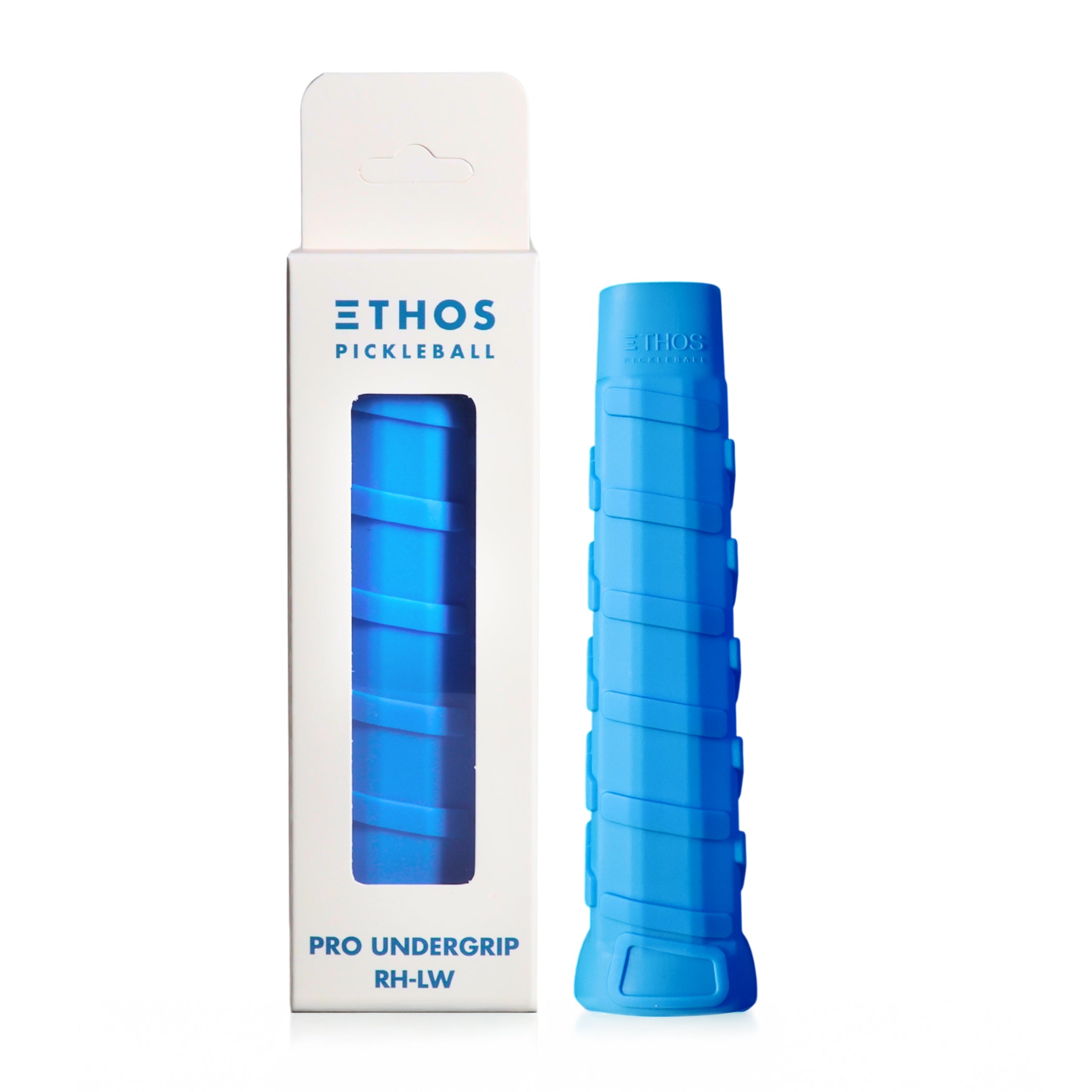 Blue textured Pro Undergrip by Ethos Pickleball, shown beside its white packaging with a clear window.