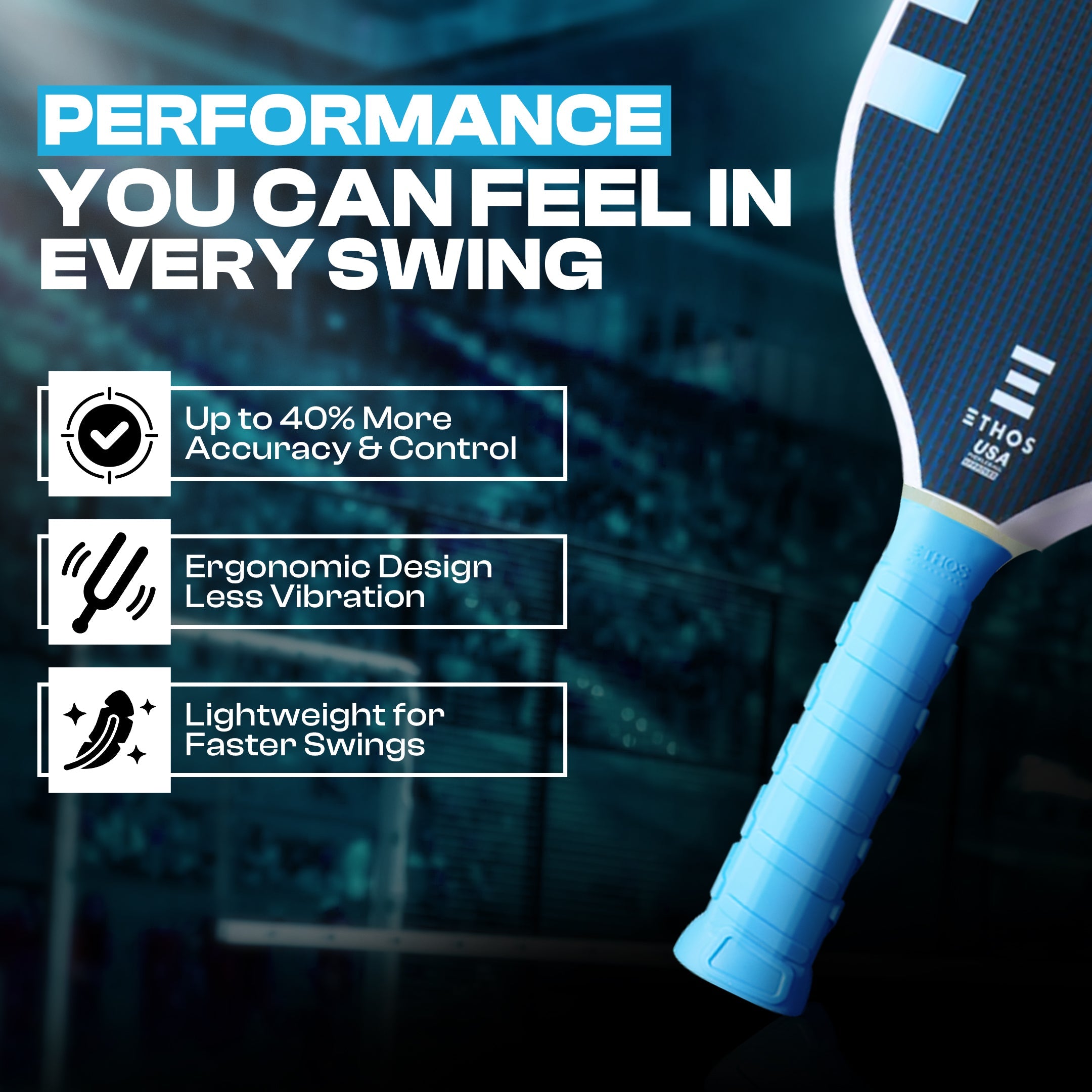 Blue textured Pro Undergrip by Ethos Pickleball on a pickleball paddle, highlighting performance features.
