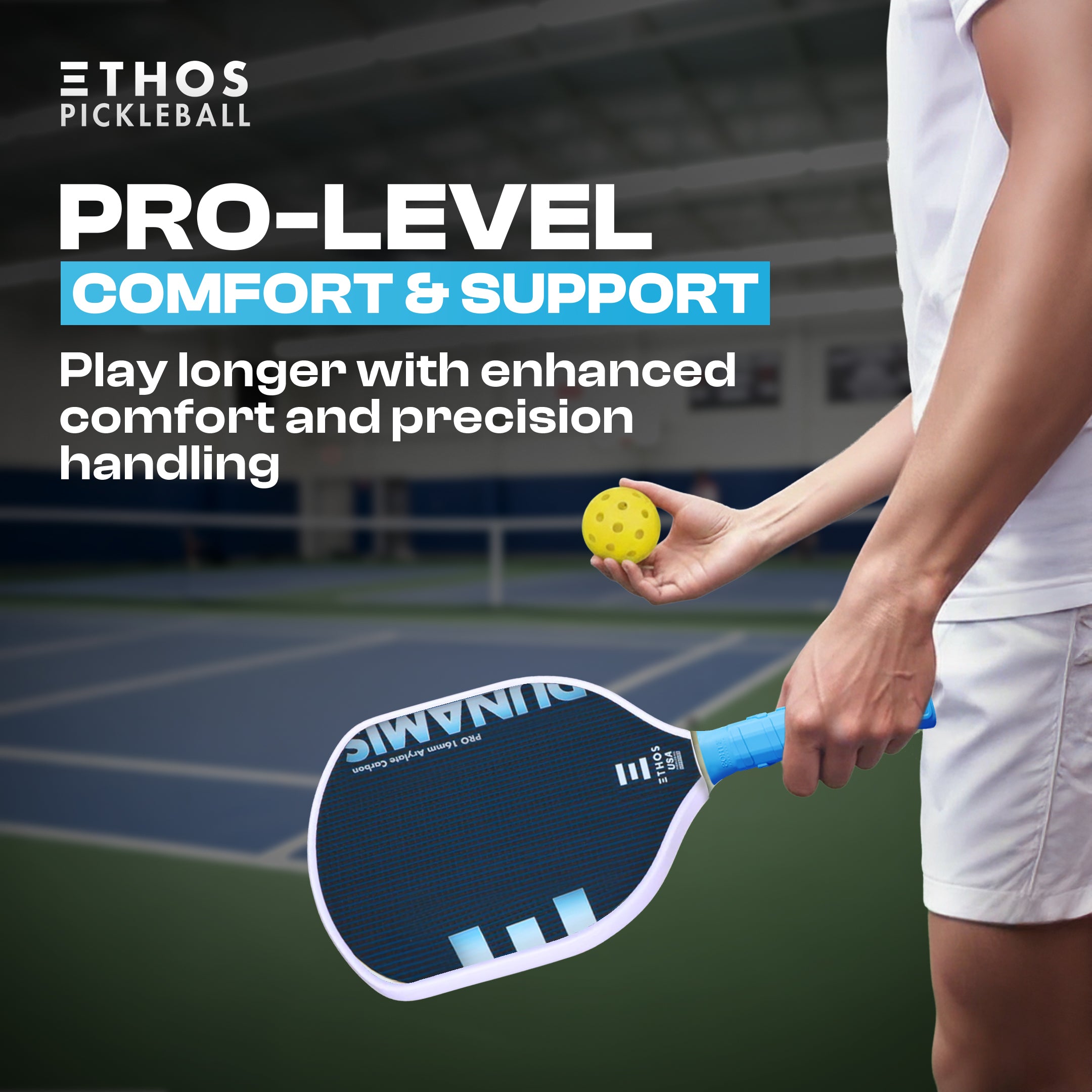 Blue Pro Undergrip by Ethos Pickleball on a black and white pickleball paddle handle, held by a person with a yellow ball.