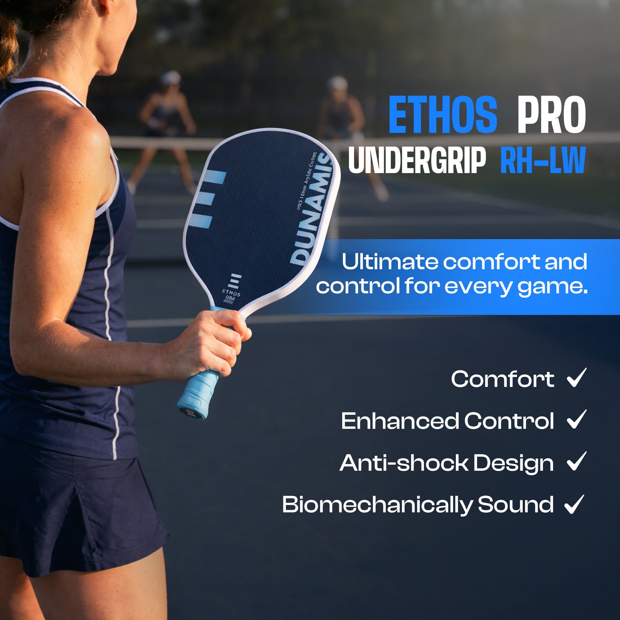 Right-hand lightweight Pro Undergrip by Ethos Pickleball, light blue, on a paddle held by a player on a court.