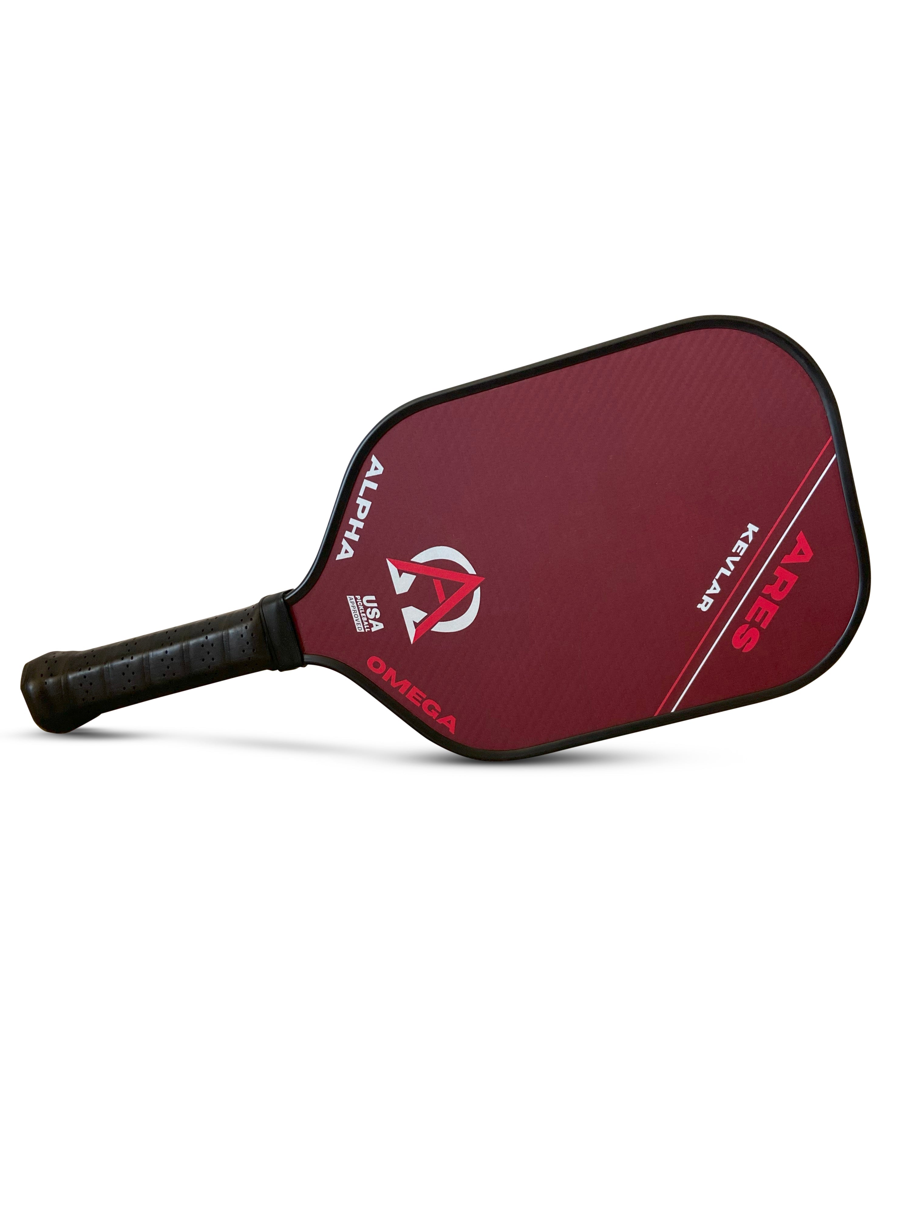 Red and black pickleball paddle with "Alpha" and "Omega" text.