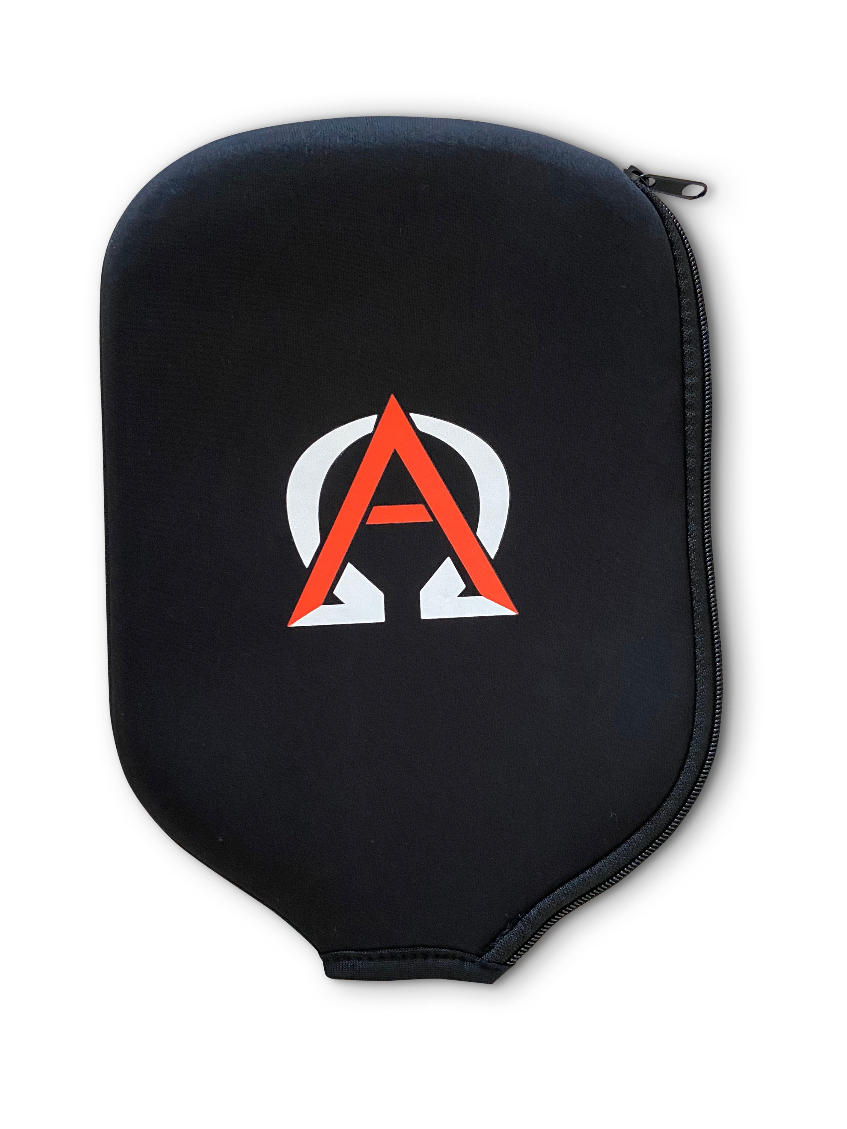 Black carrying case with red and white logo, zipper closure.
