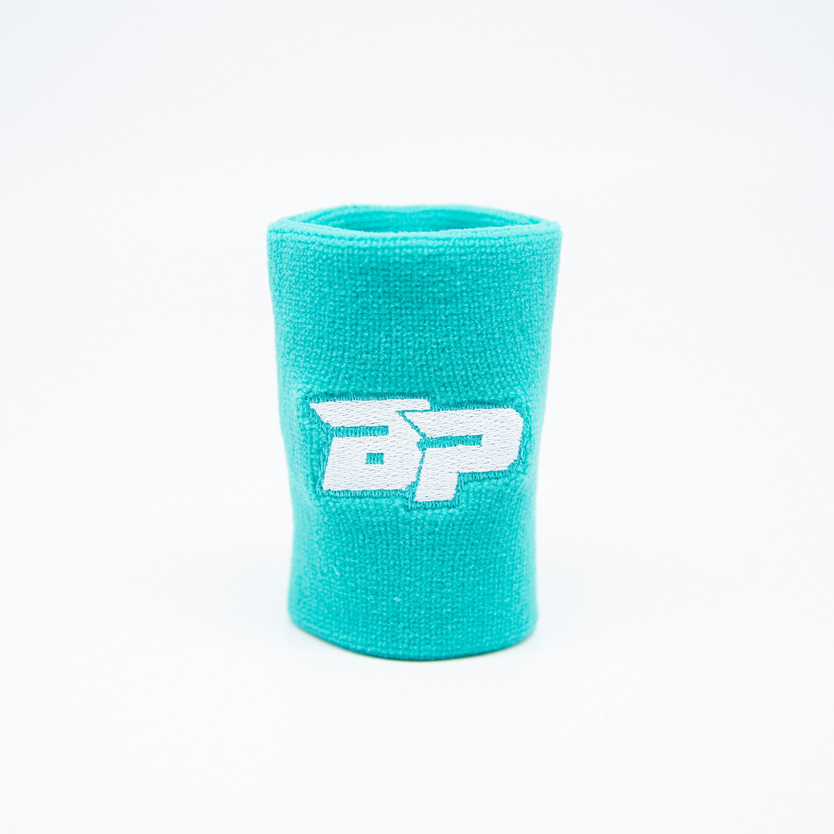 Aqua wristband with white "BP" logo.
