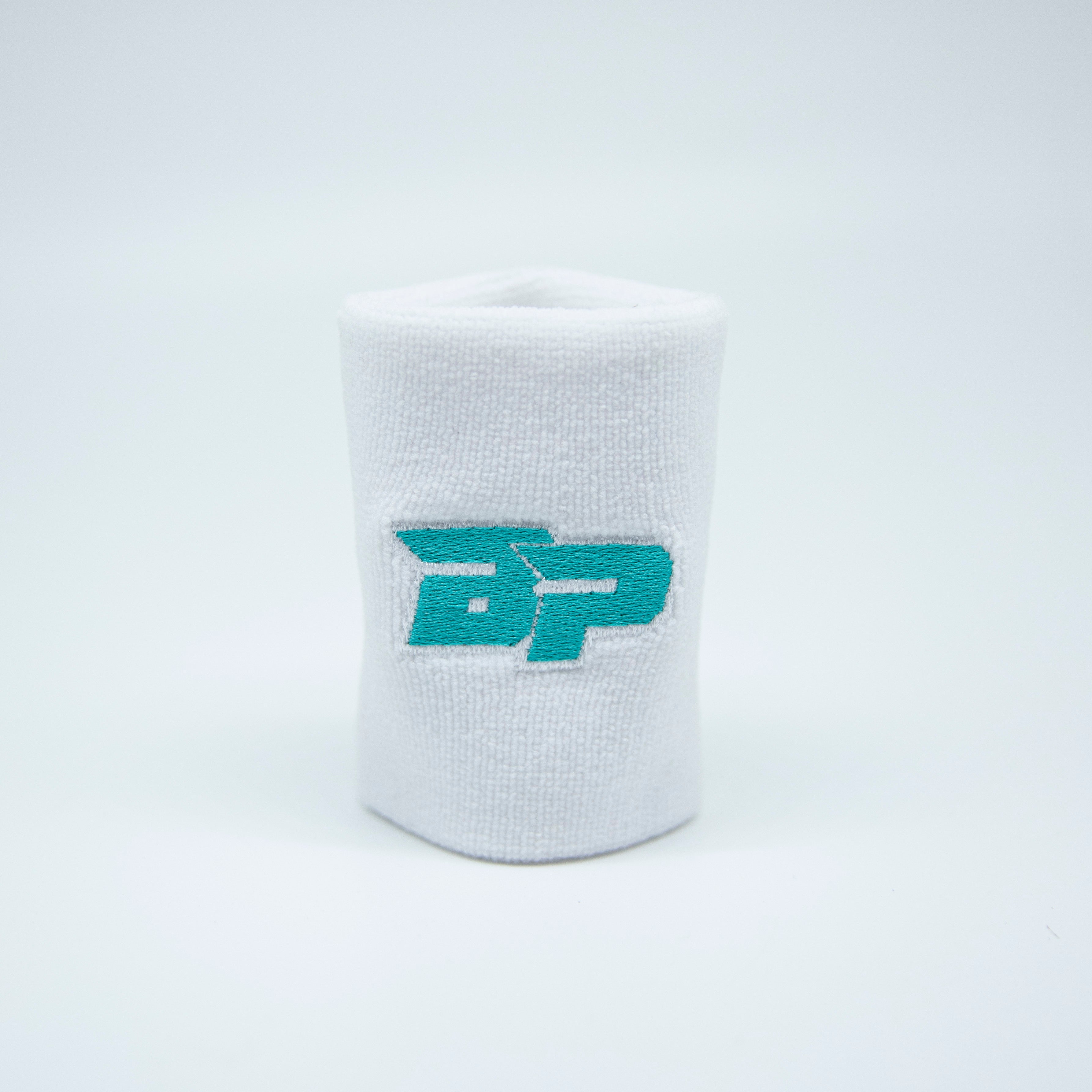 White wristband with teal "BP" logo.