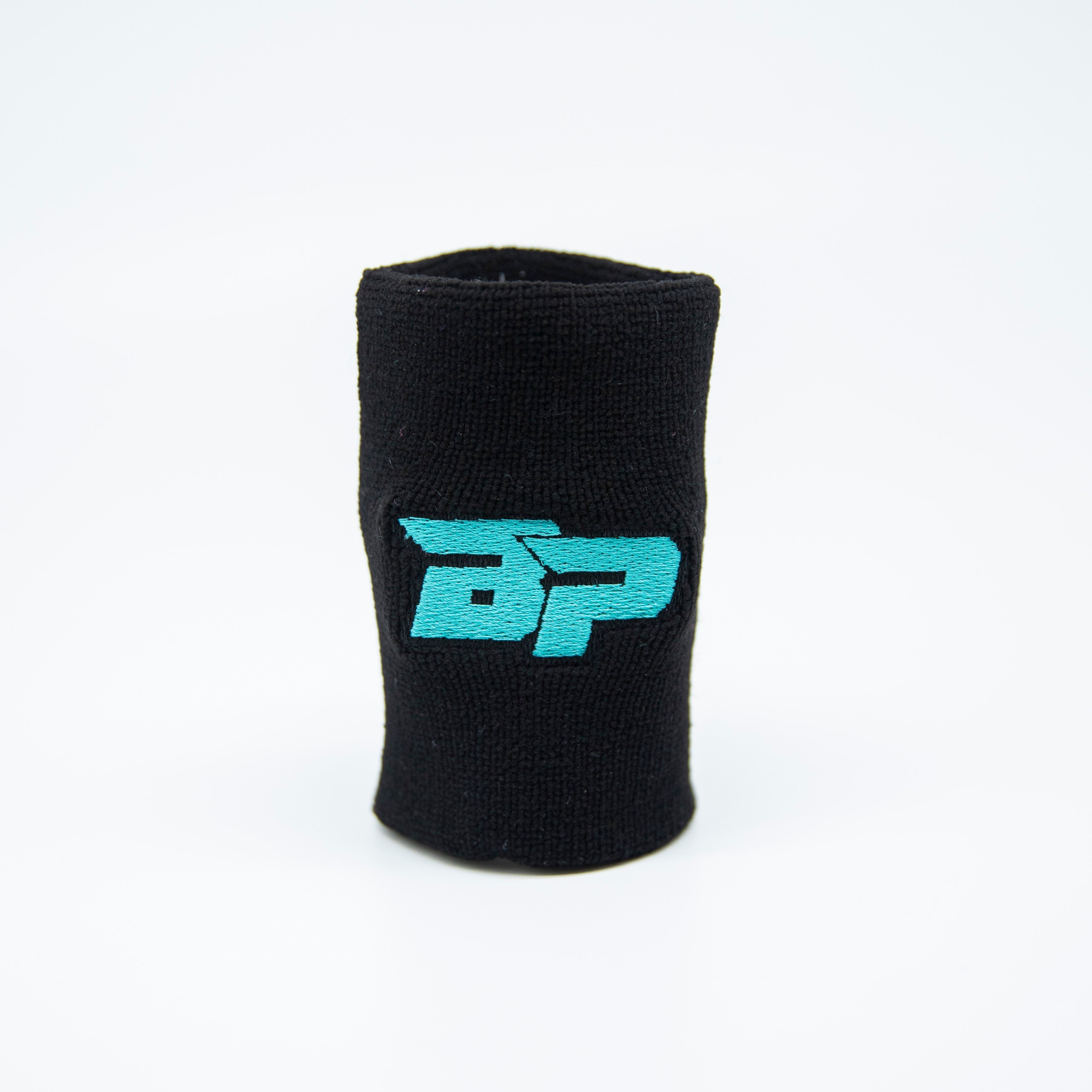 Black wristband with turquoise logo.
