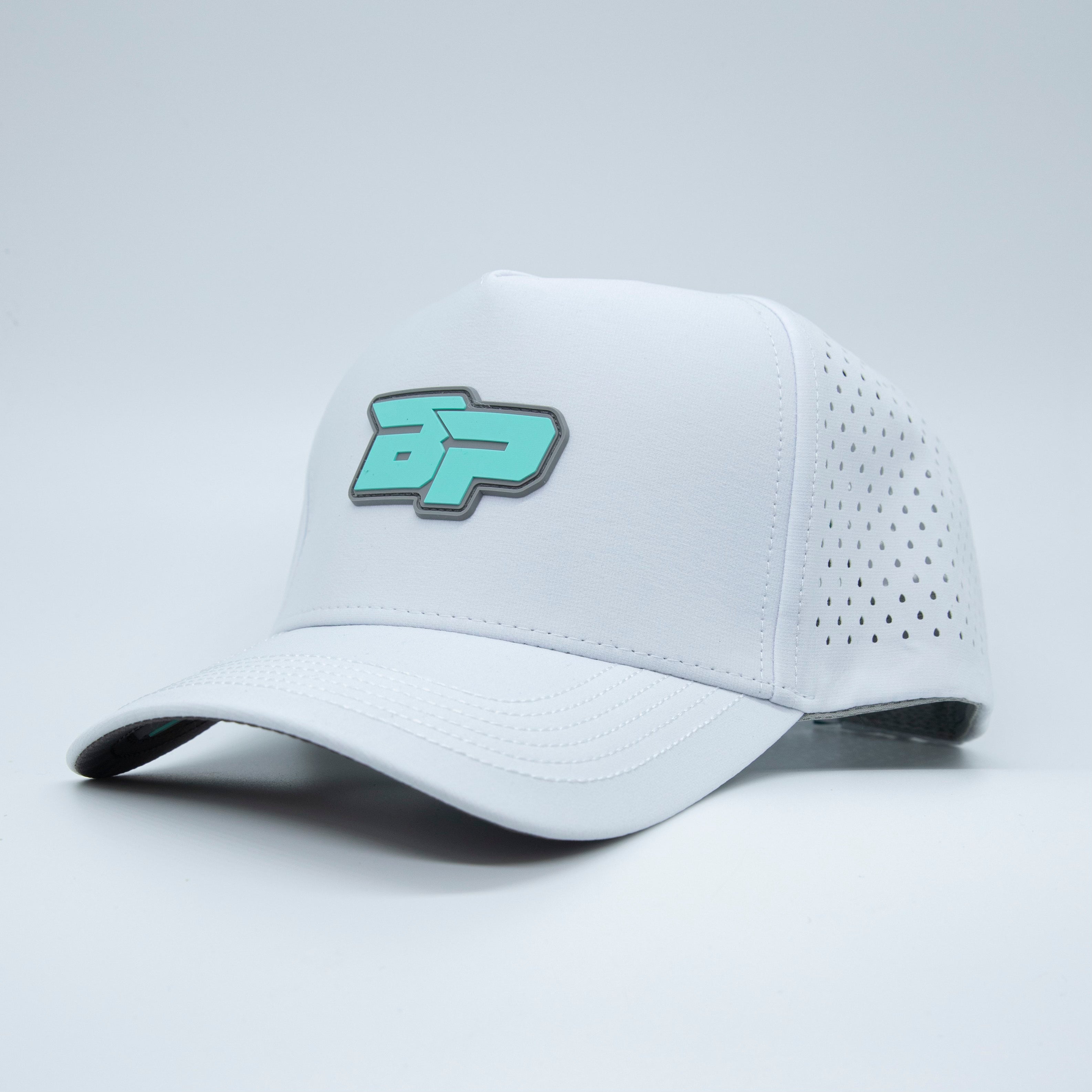White cap with turquoise logo.
