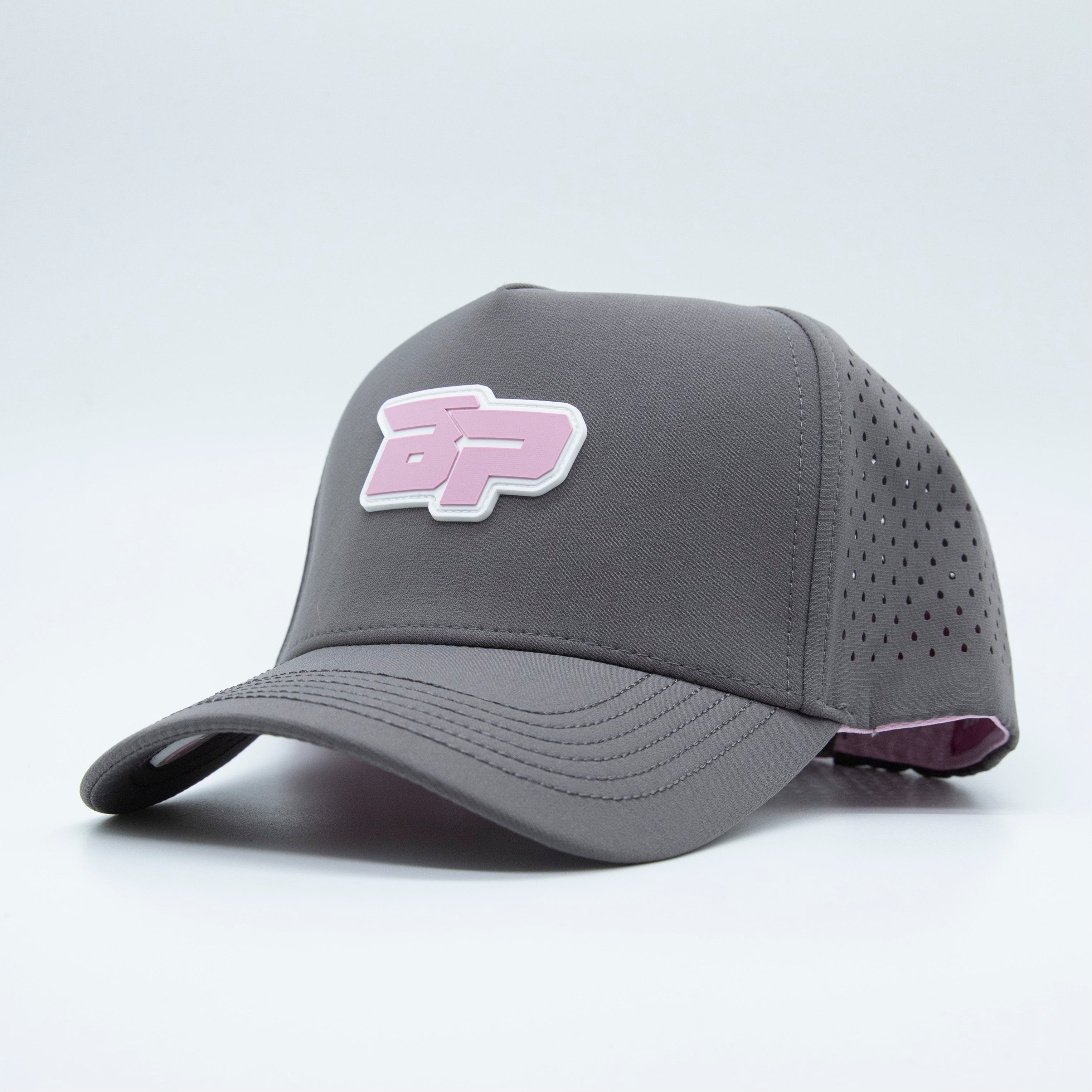 Gray baseball cap with pink logo.