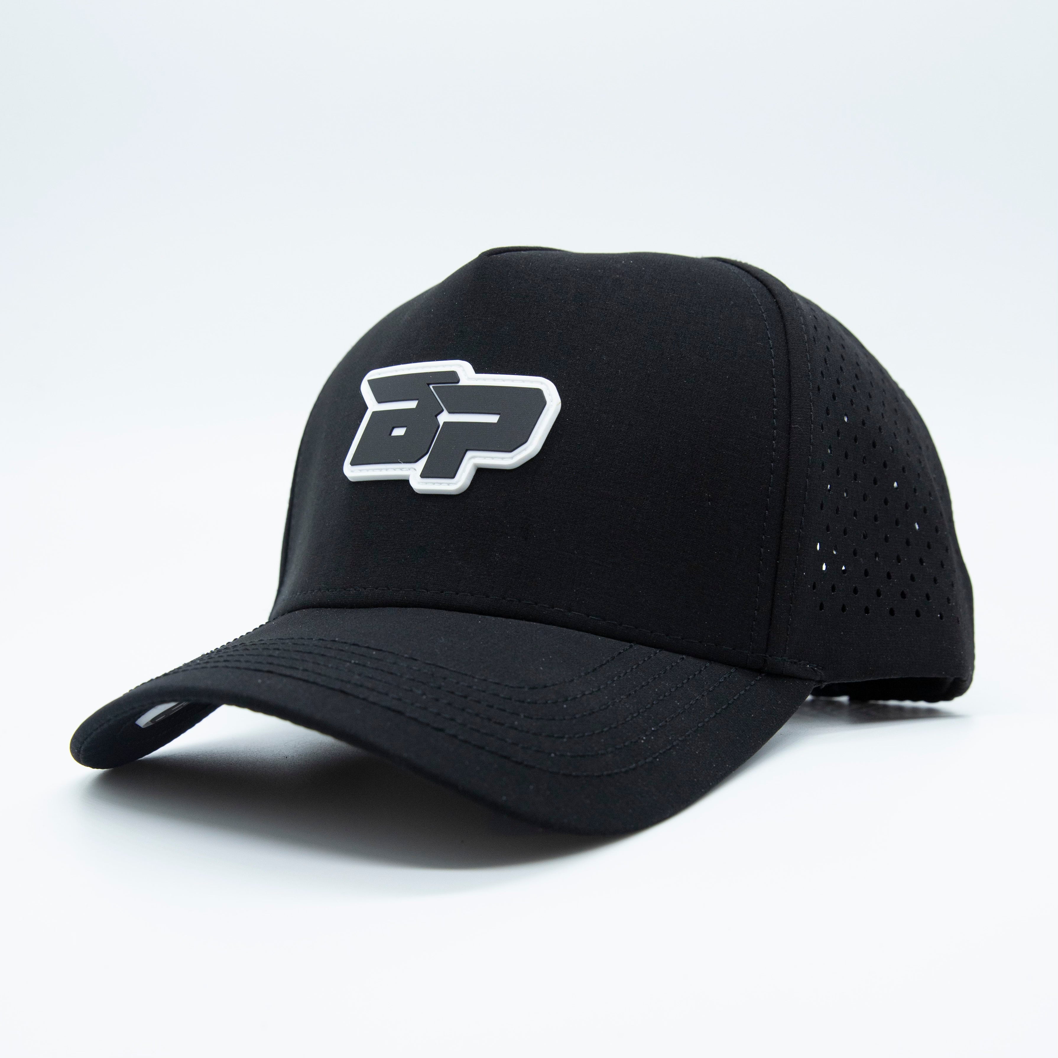 Black baseball cap with white logo.