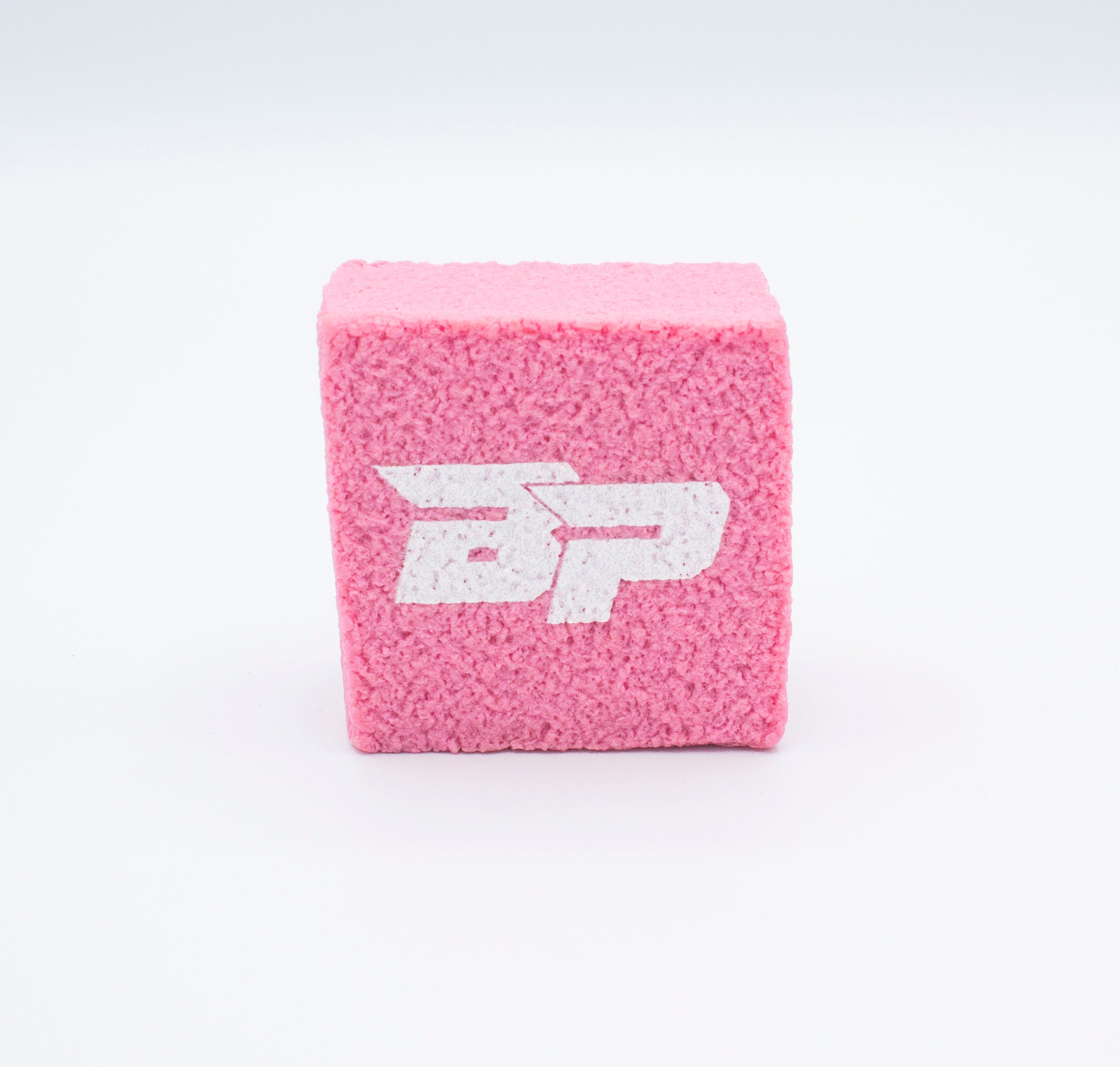 Pink cube with white logo.