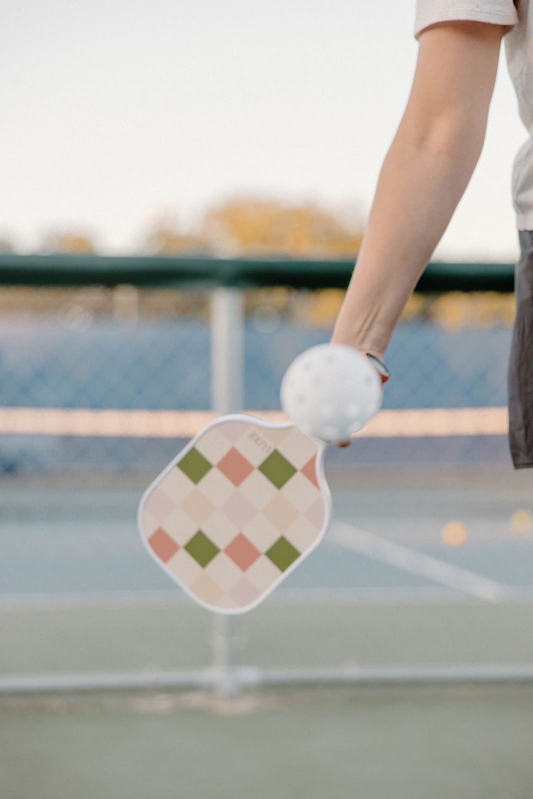 Arm holding a pickleball paddle and ball on a court.
