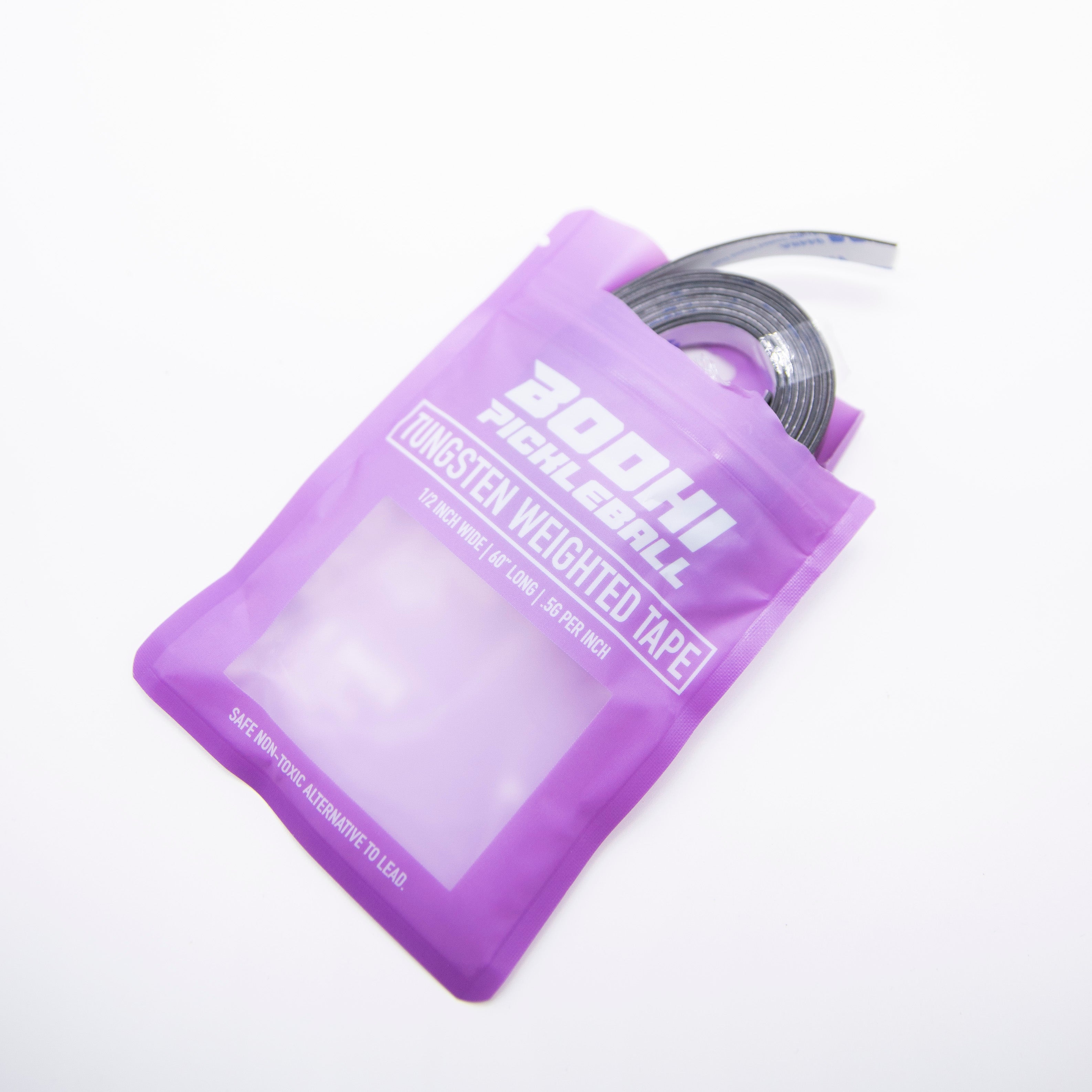 A roll of black tape, packaged in a purple Bodhi Pickleball Tungsten Weighted Tape wrapper.