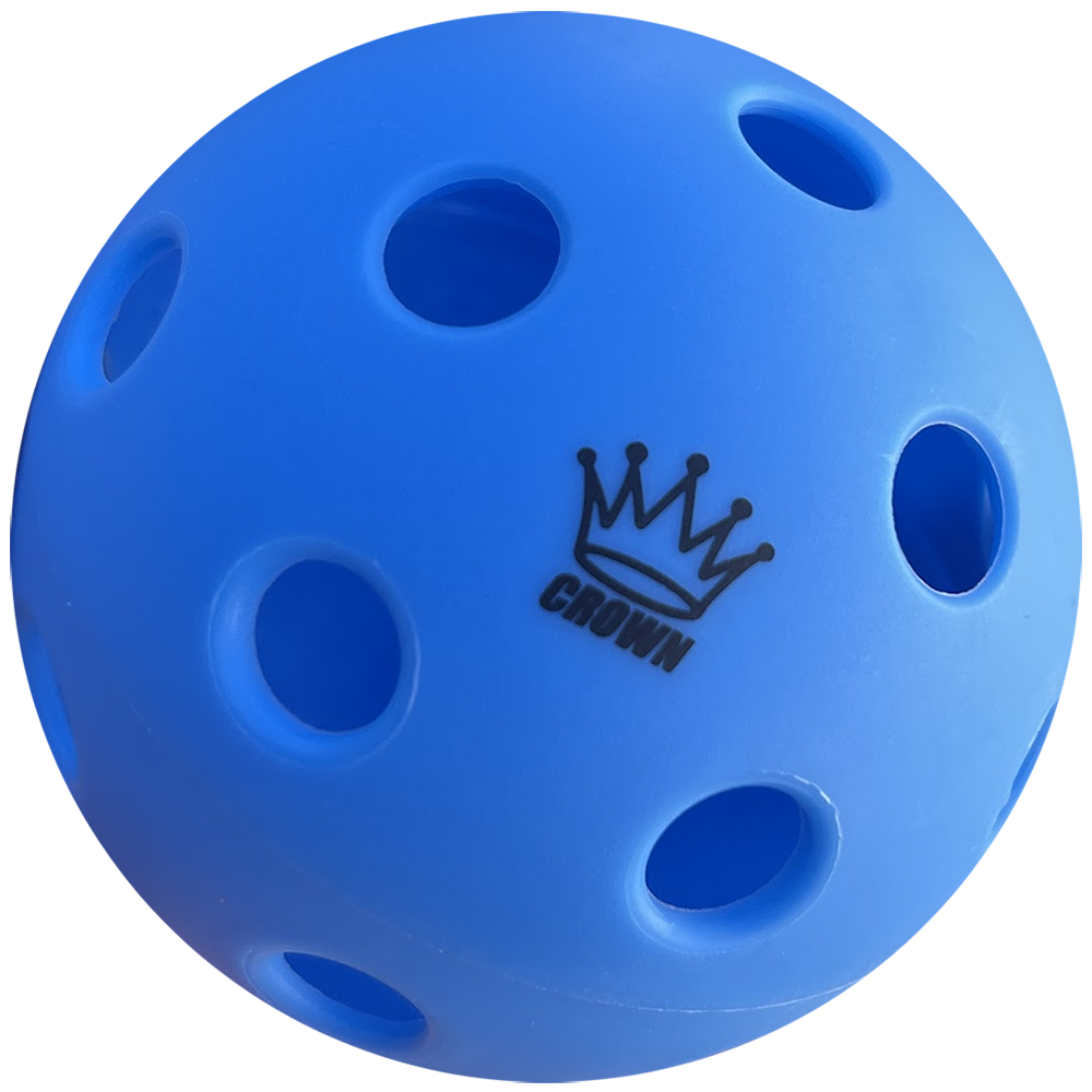Blue perforated ball with crown logo.
